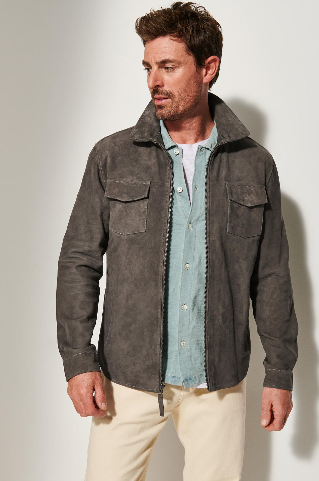 Men's Light Weight Leather Jacket Double Pocket [Grey]