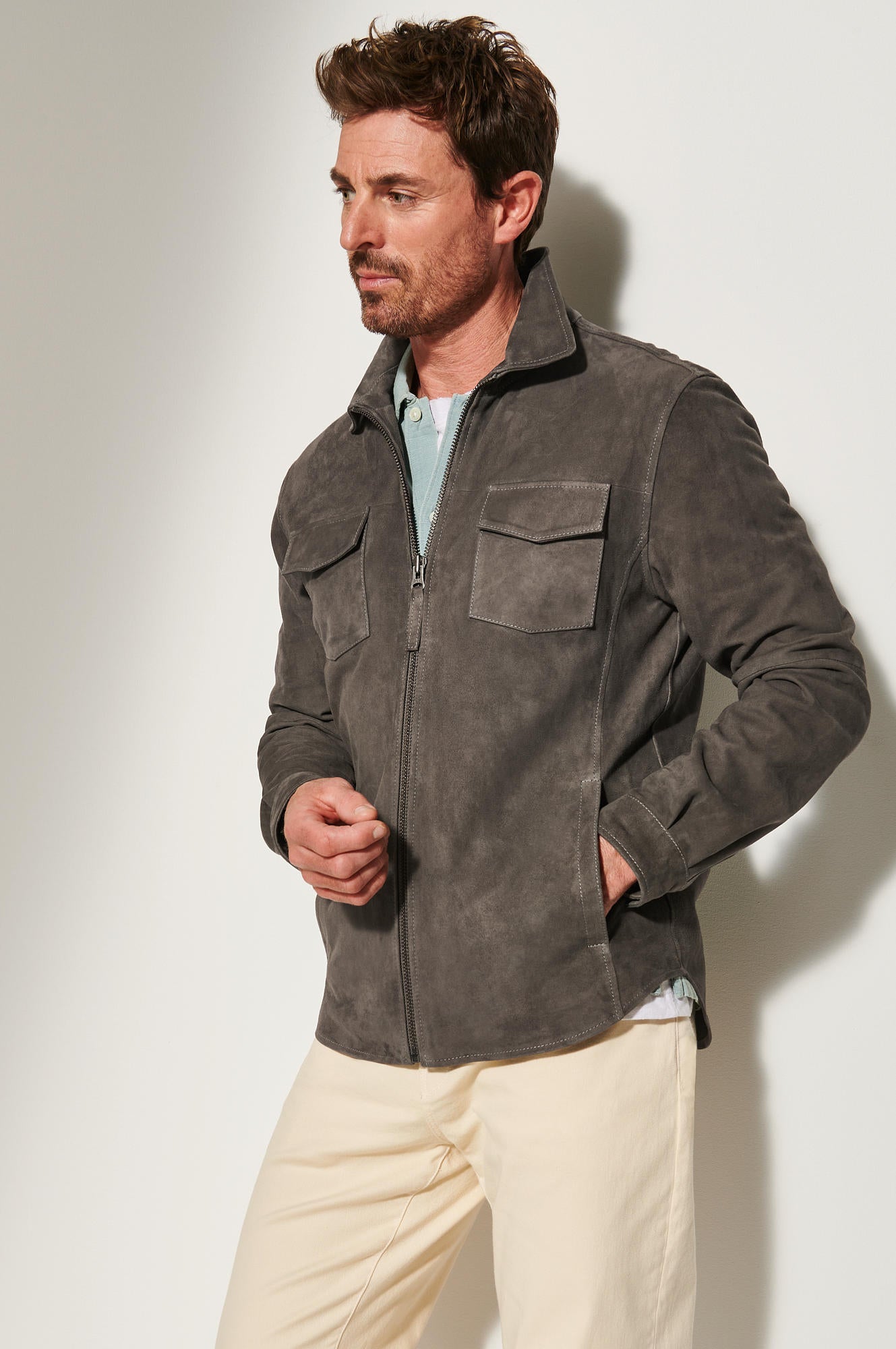 Men's Light Weight Leather Jacket Double Pocket [Grey]