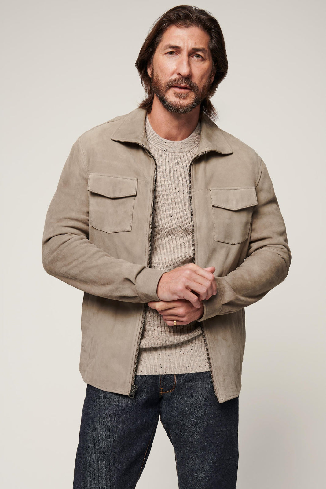 Men's Light Weight Leather Jacket Double Pocket [Beige]