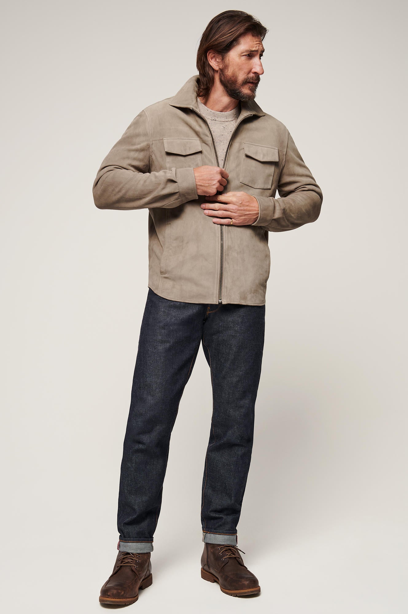 Men's Light Weight Leather Jacket Double Pocket [Beige]