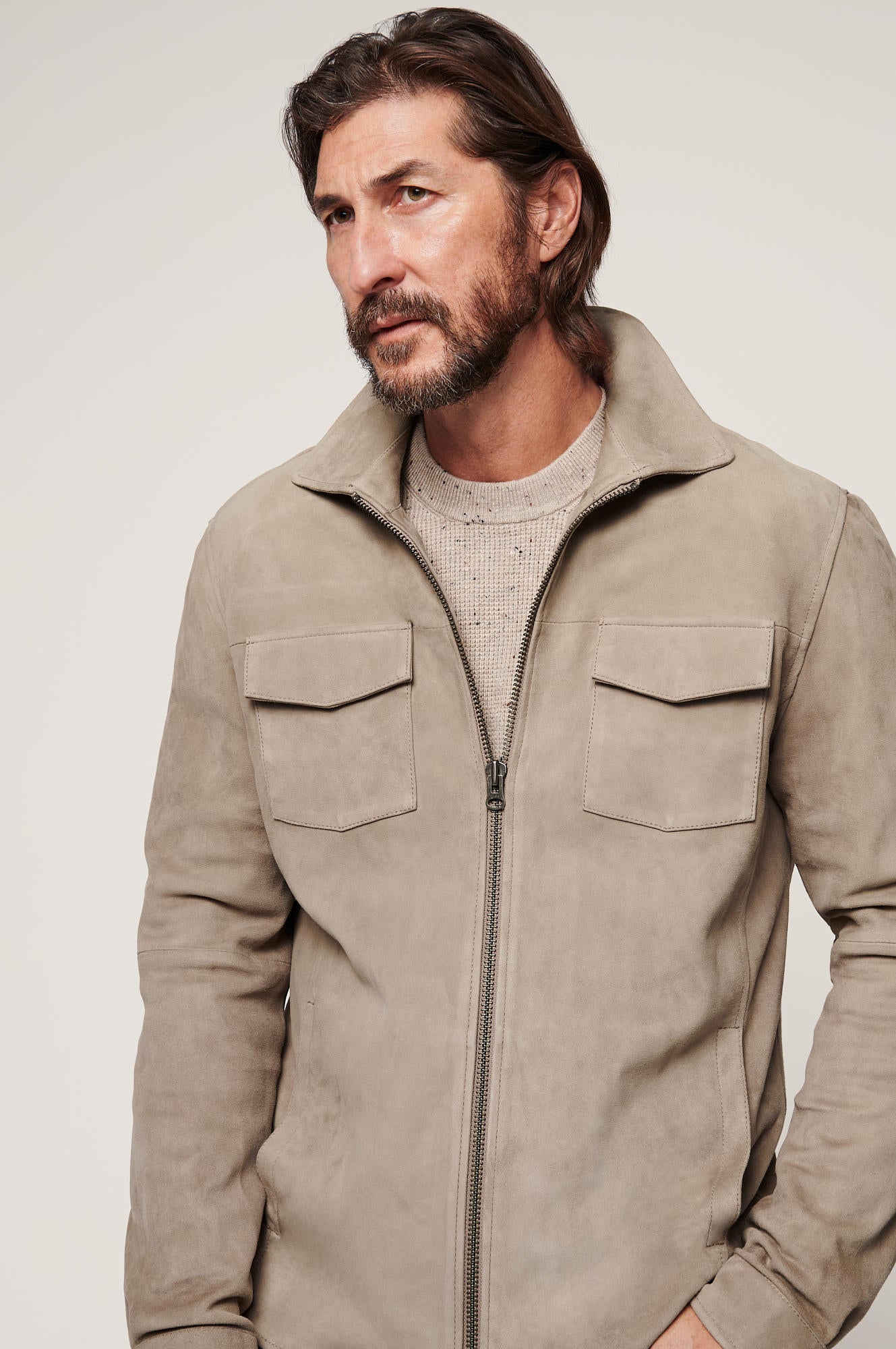 Men's Light Weight Leather Jacket Double Pocket [Beige]