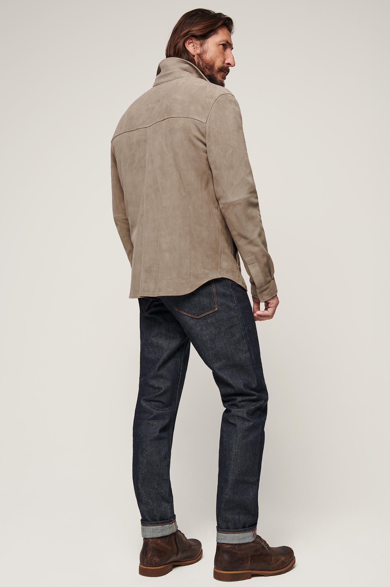 Men's Light Weight Leather Jacket Double Pocket [Beige]