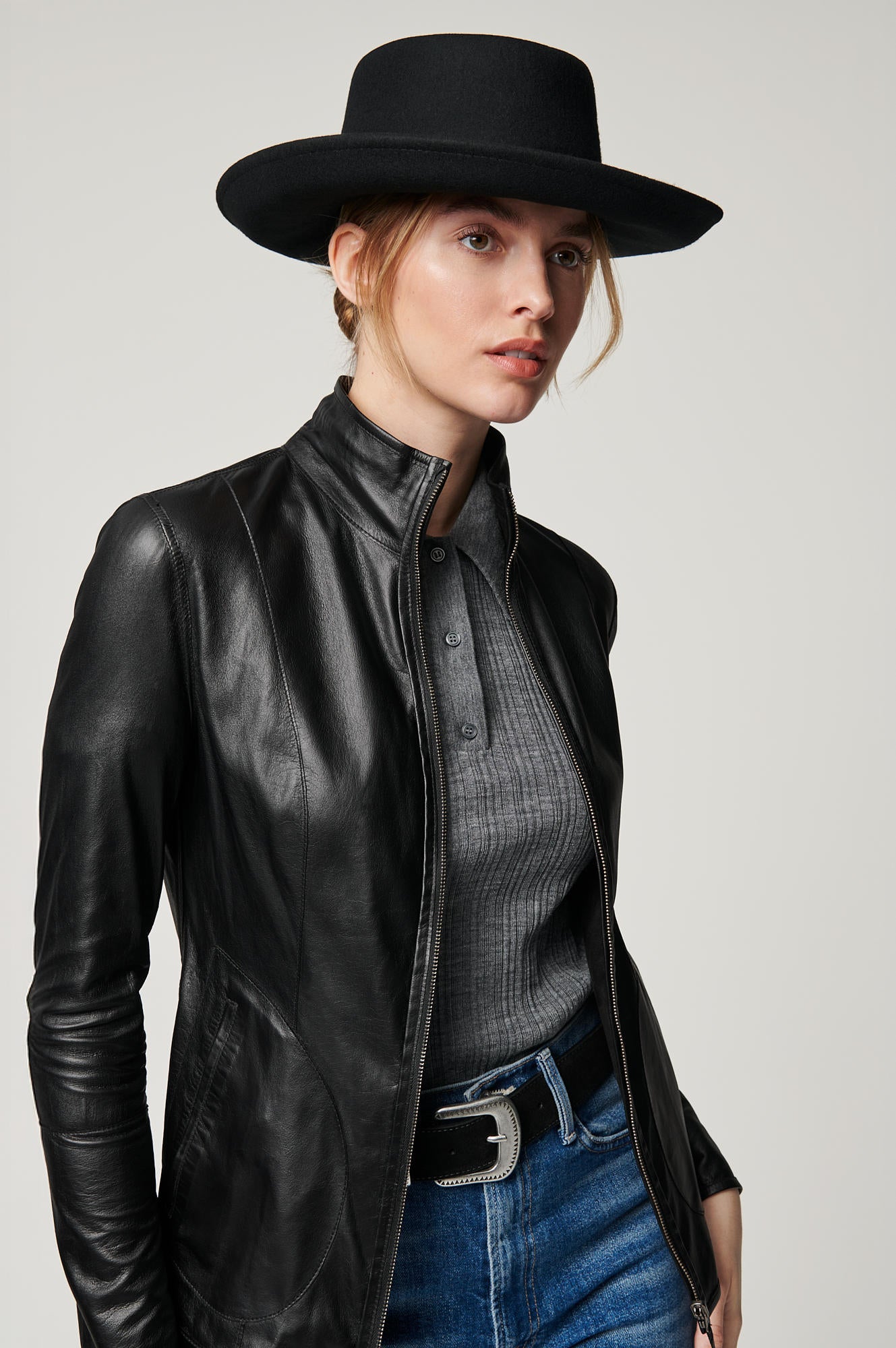 Women's Real Leather Double Sided Jacket [Black/Black]
