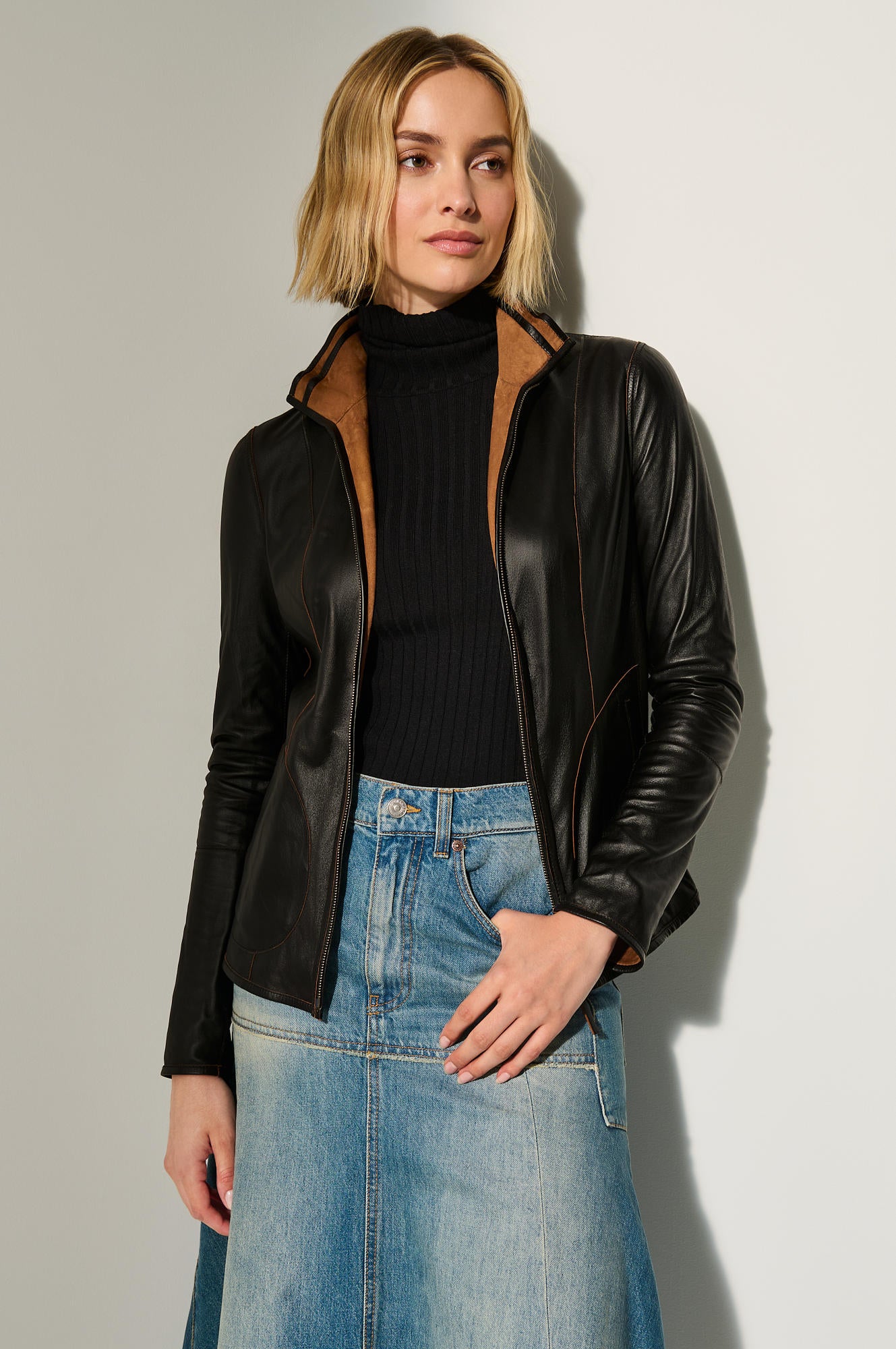 Women's Real Leather Double Sided Jacket [Brown/Black]