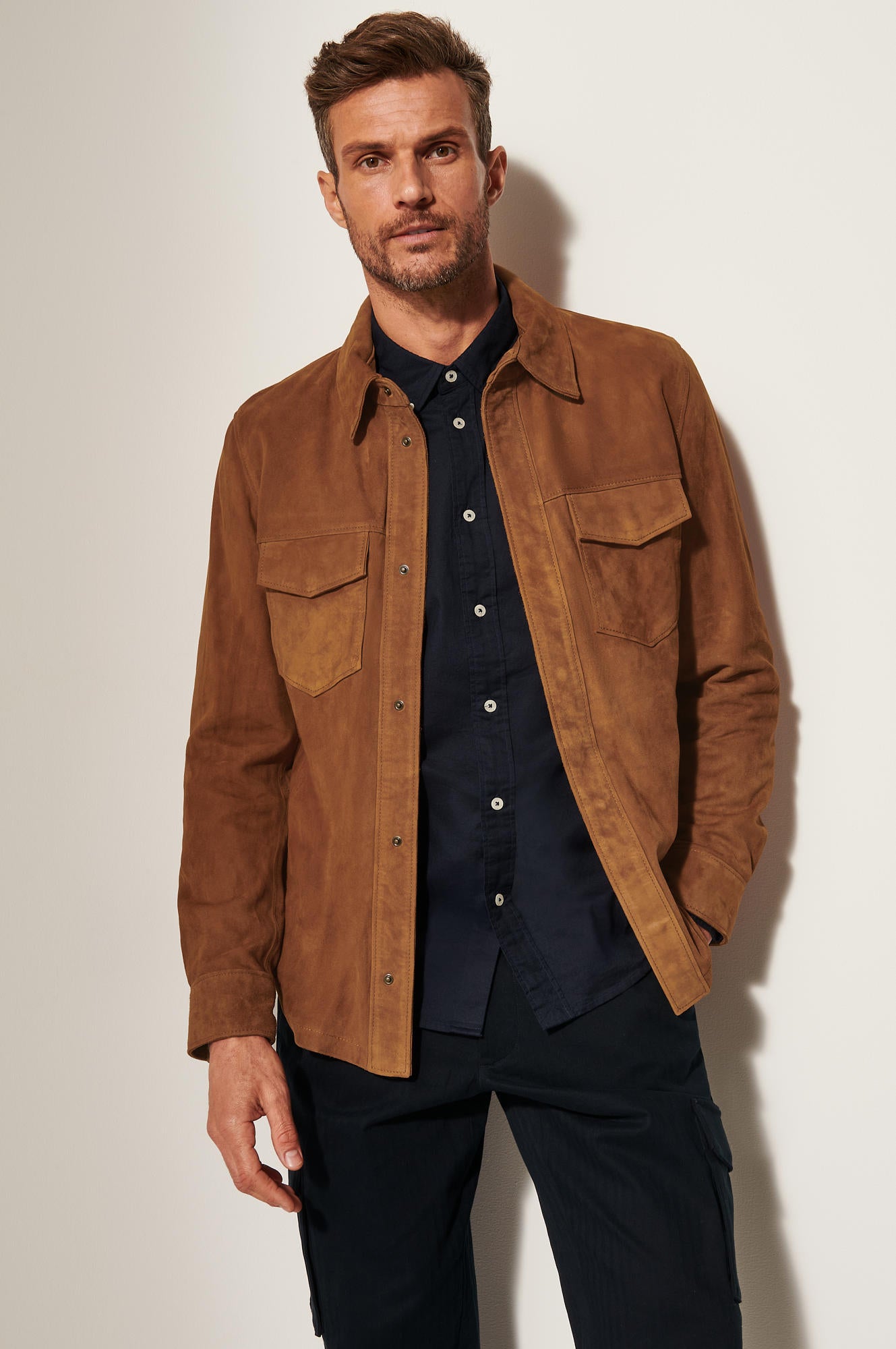 Men's Light Weight Leather Jacket Double Pocket [Light Brown]