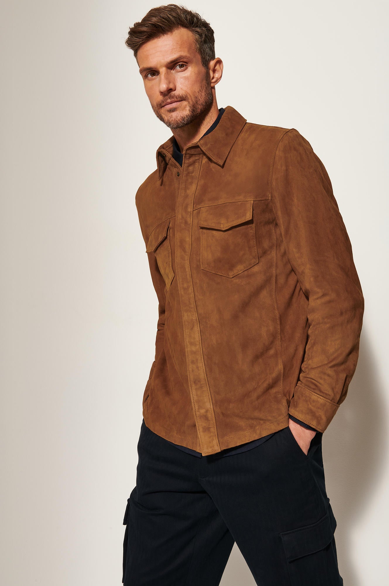 Men's Light Weight Leather Jacket Double Pocket [Light Brown]