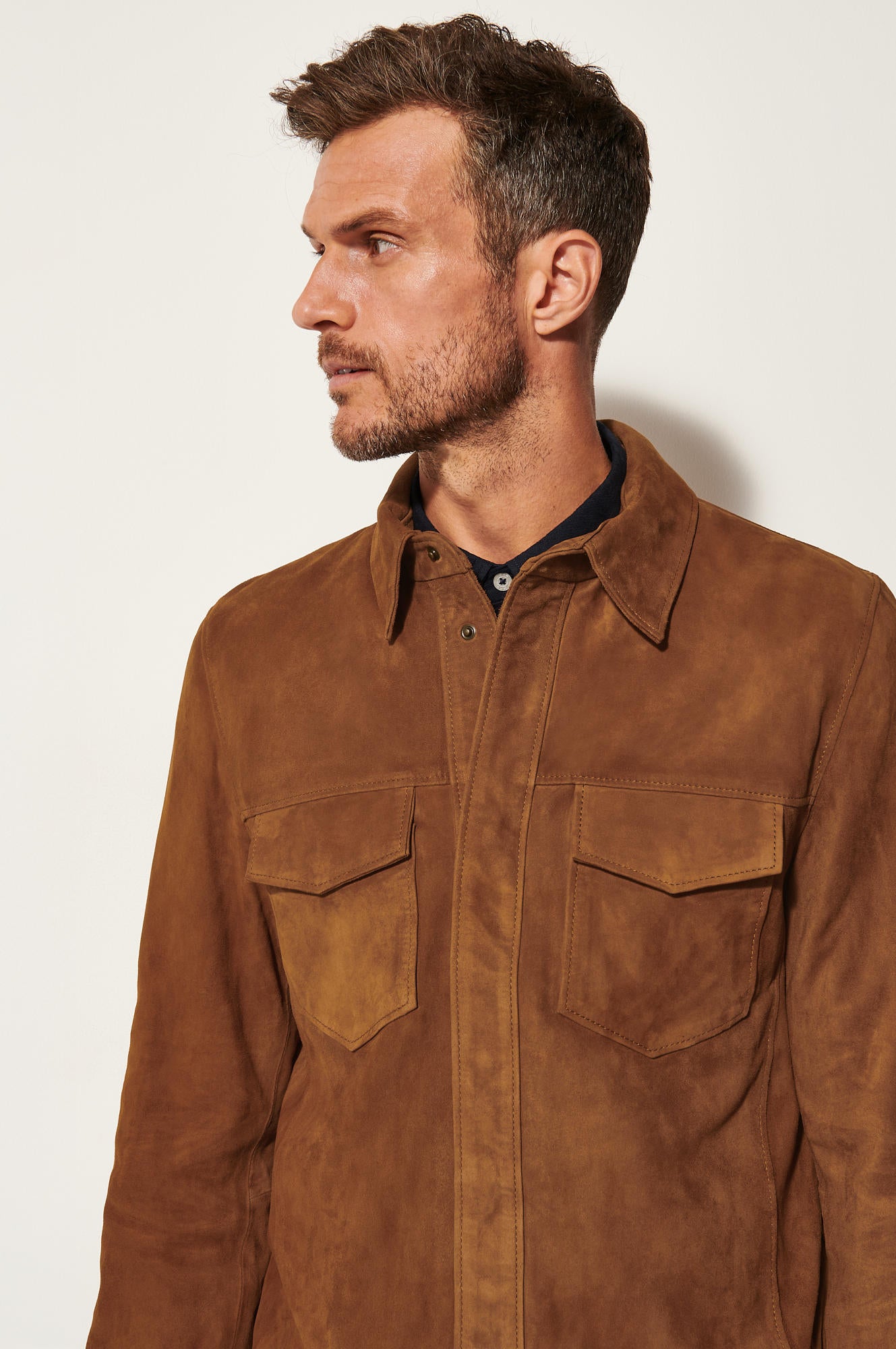 Men's Light Weight Leather Jacket Double Pocket [Light Brown]