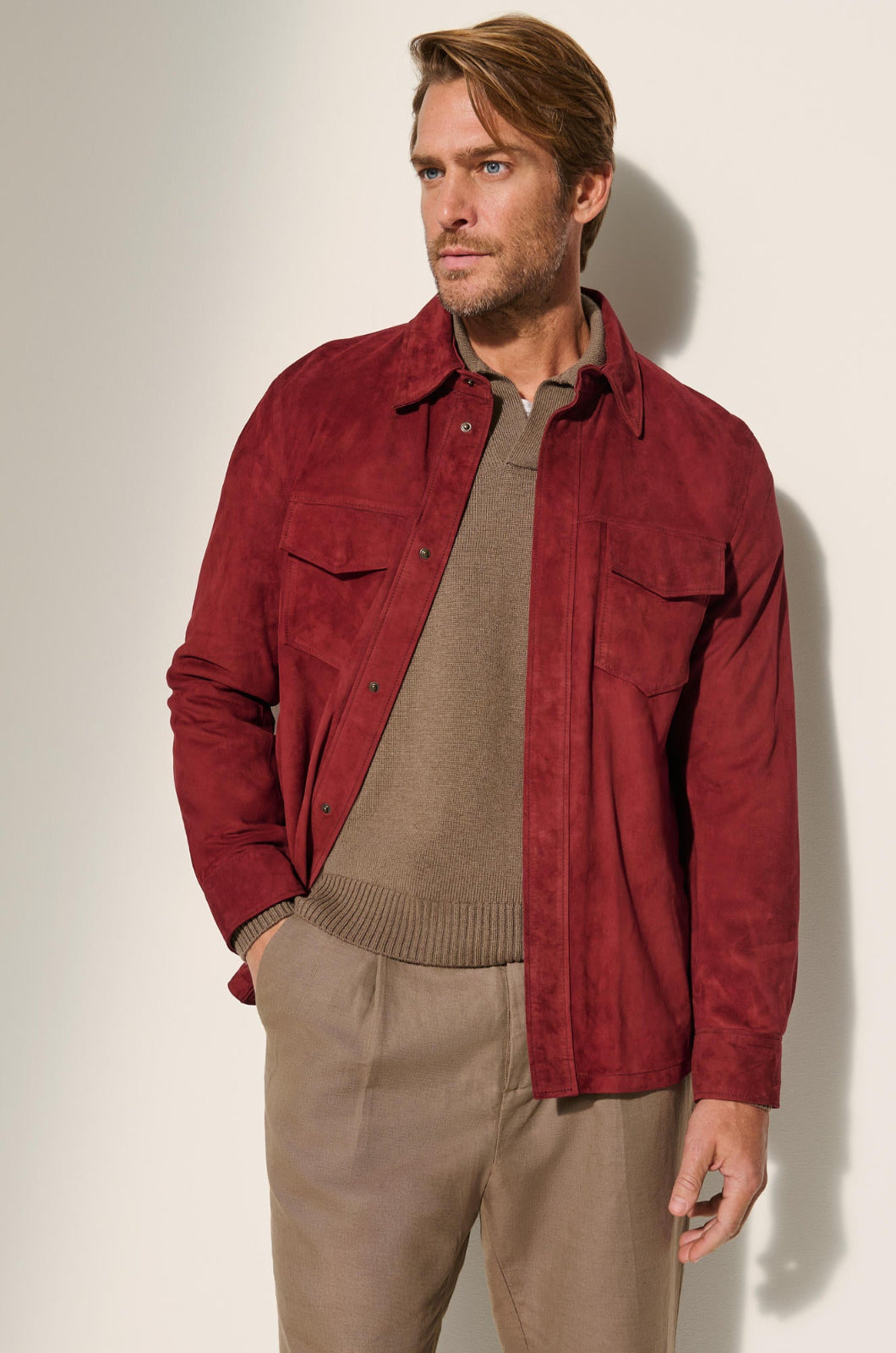 Men's Light Weight Leather Jacket Double Pocket [Red]