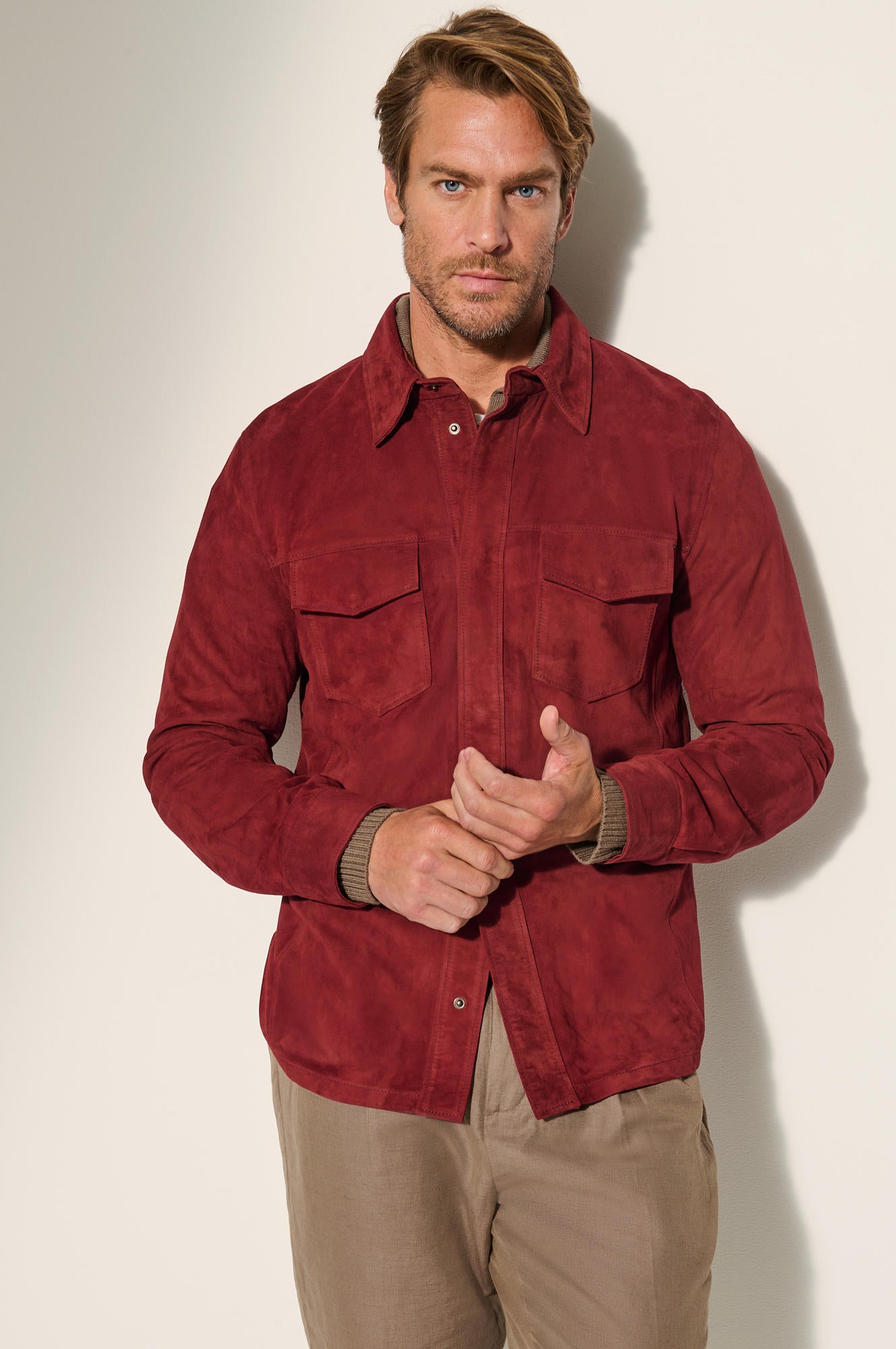 Men's Light Weight Leather Jacket Double Pocket [Red]