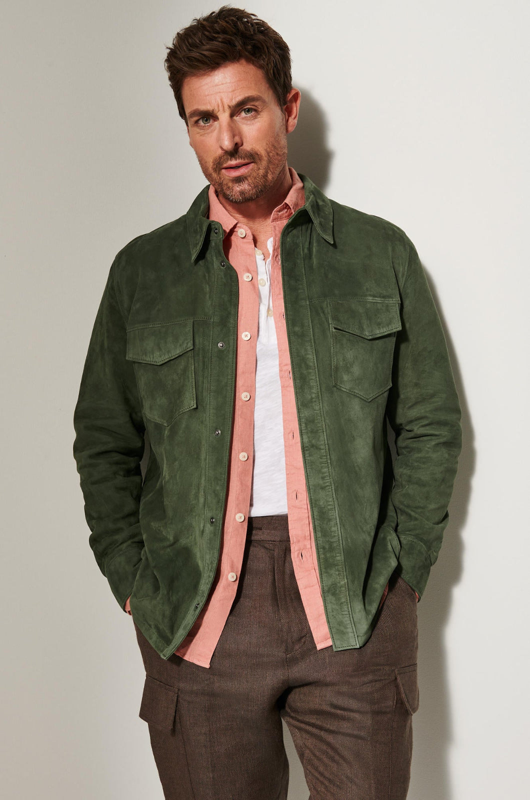 Men's Light Weight Leather Jacket Double Pocket [Olive]