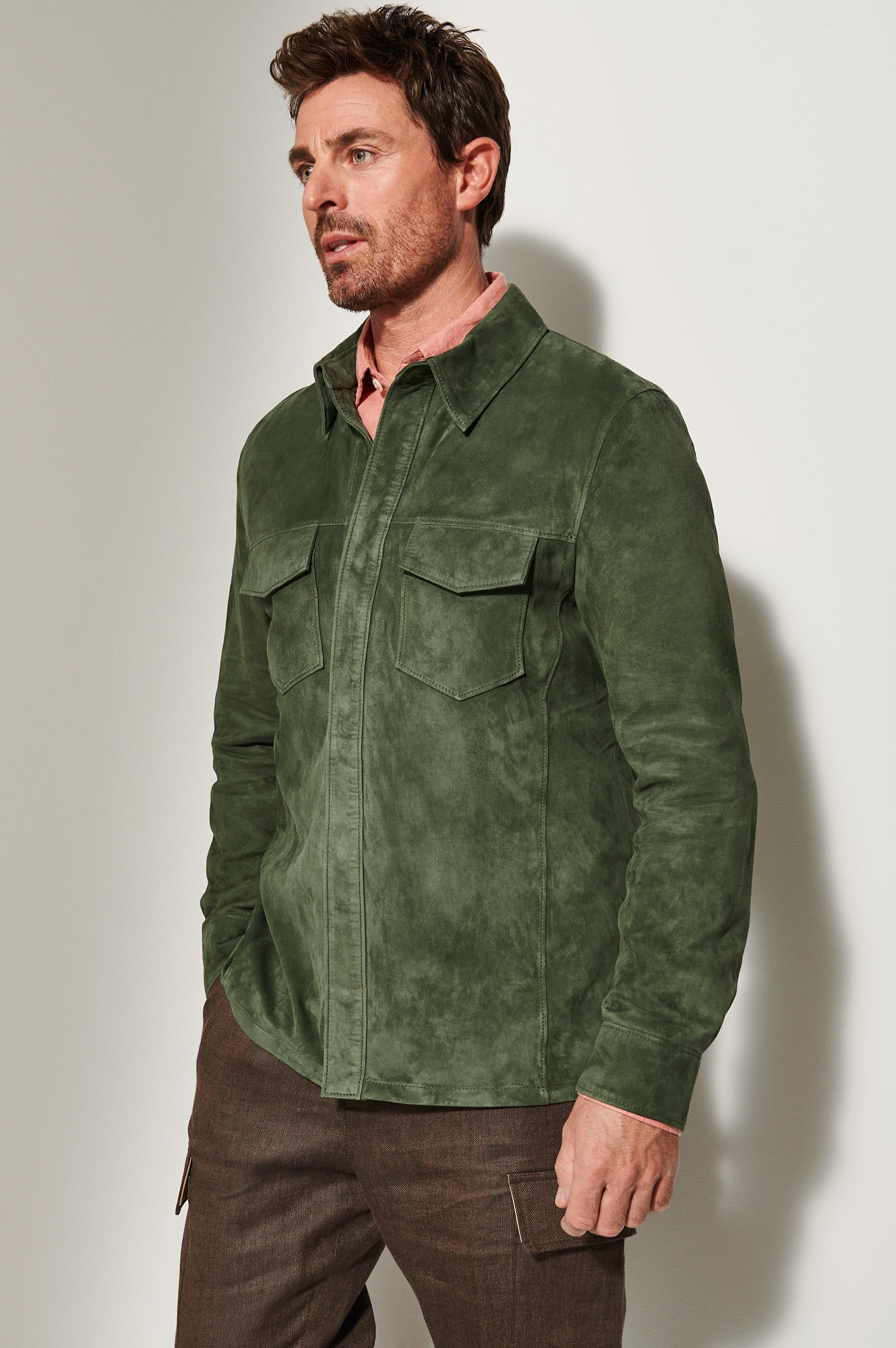 Men's Light Weight Leather Jacket Double Pocket [Olive]
