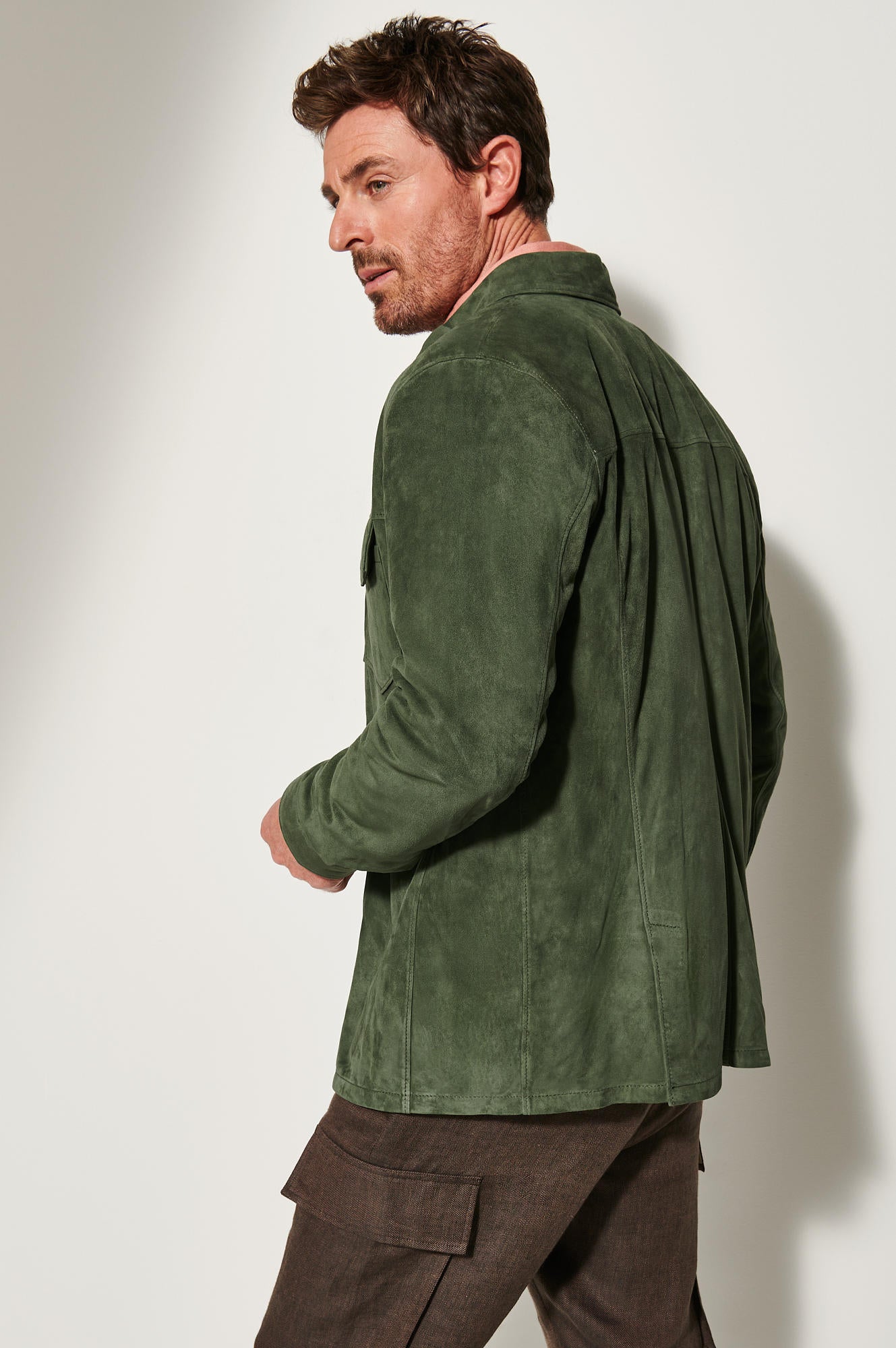 Men's Light Weight Leather Jacket Double Pocket [Olive]