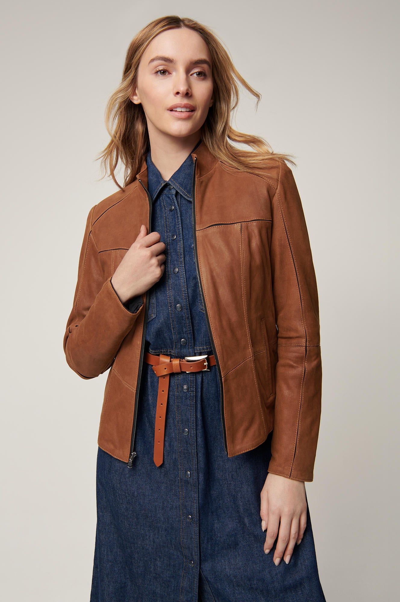 Women's Real Leather Stylish Zip-up Jacket [Brown]