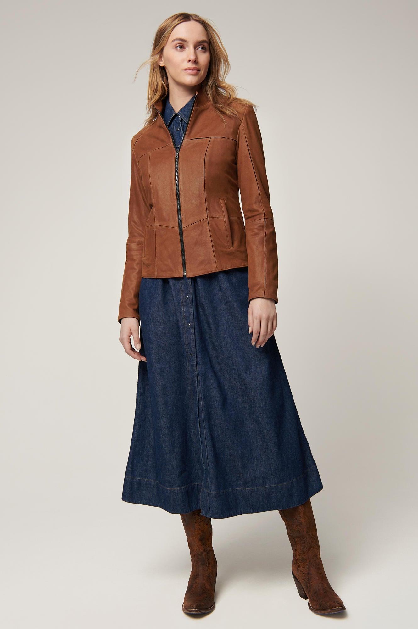 Women's Real Leather Stylish Zip-up Jacket [Brown]