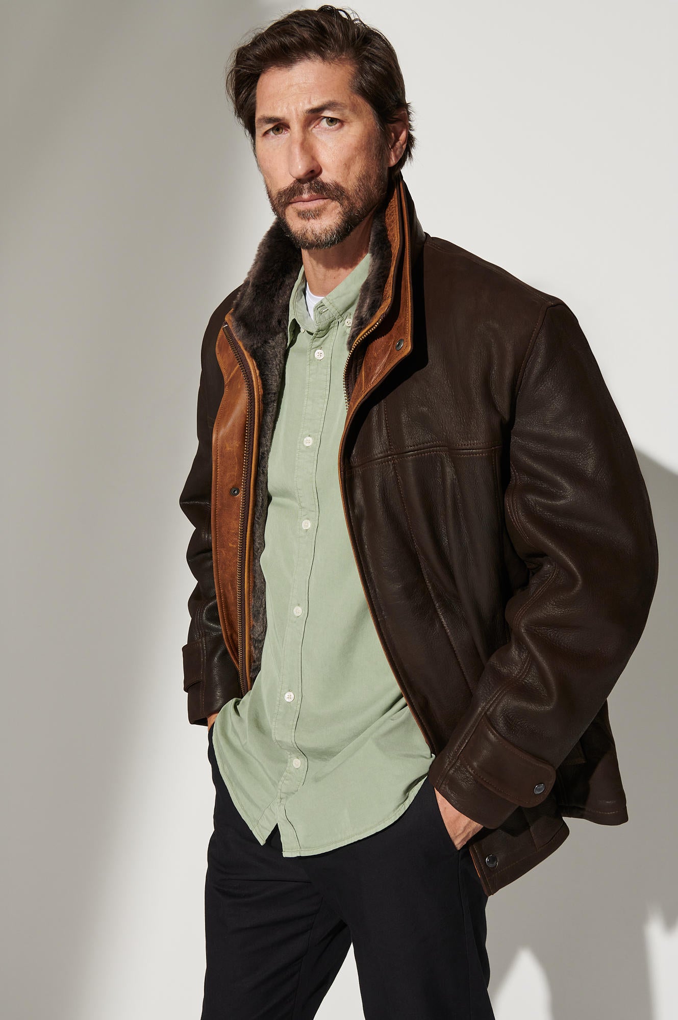 Men's Genuine Sheep Skin Leather Jacket [Dark Brown]