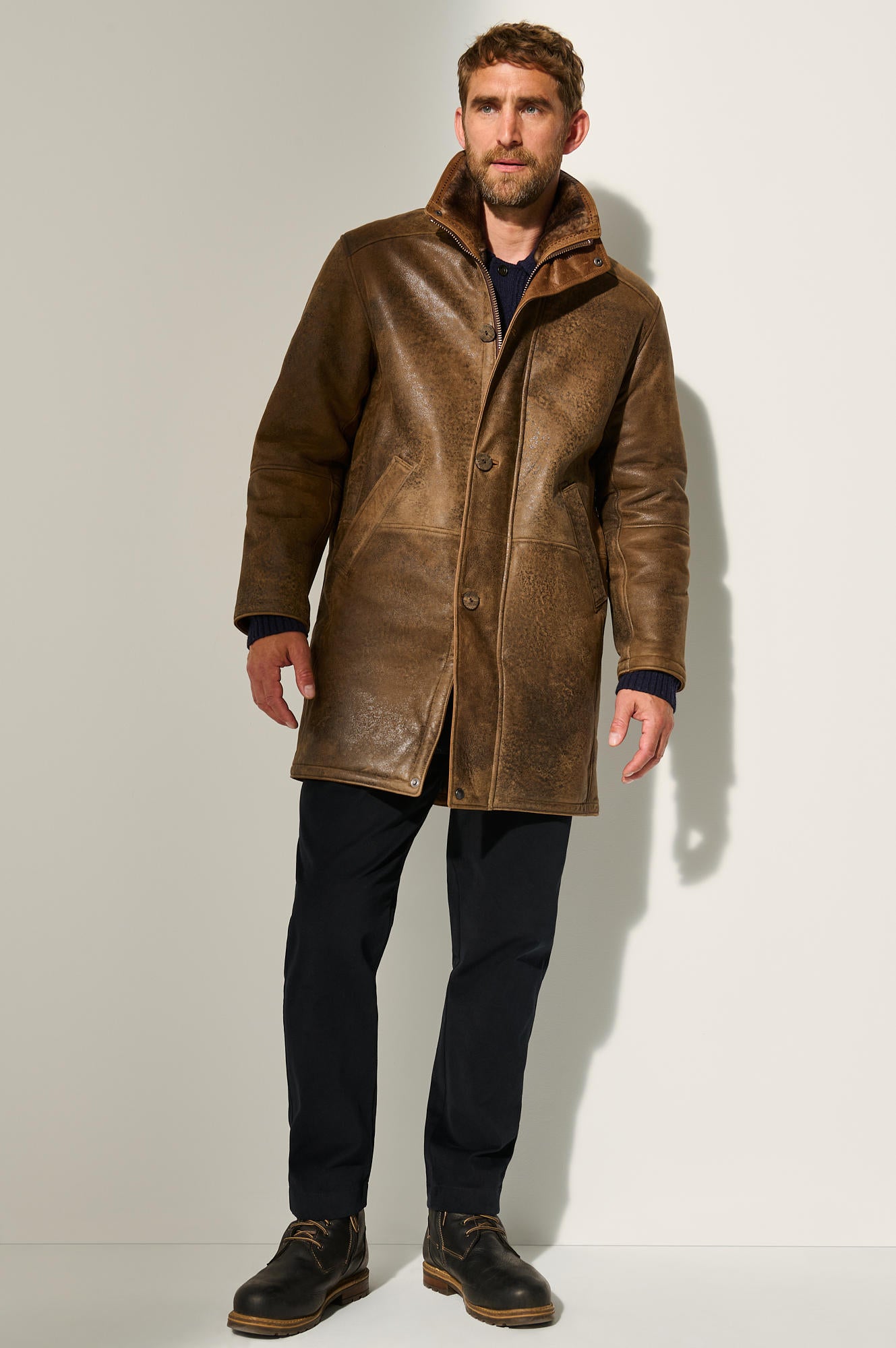 Men's Winter Double Collar Fur Leather Coats [Brown]