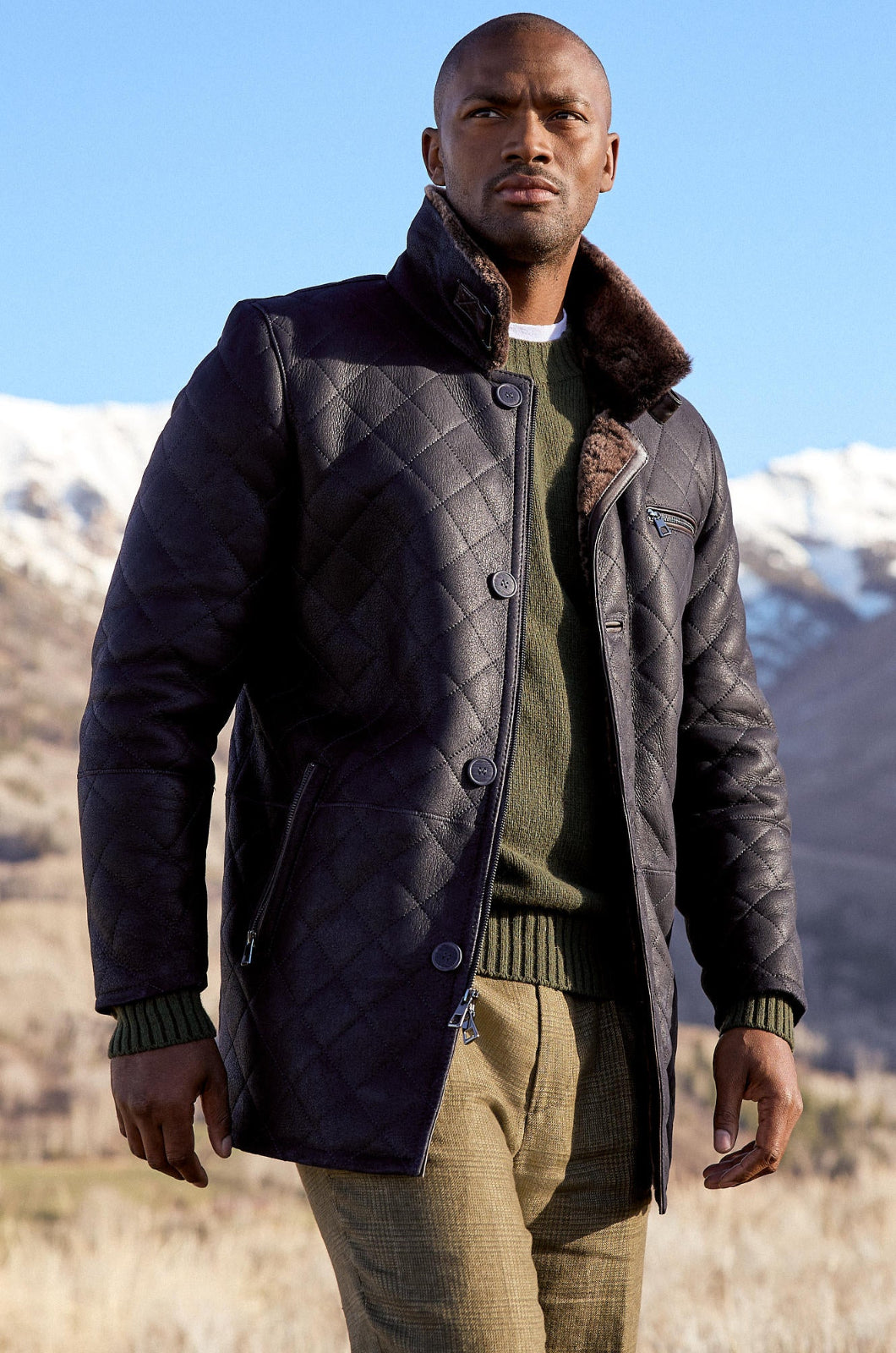 Men's Winter Sheepskin Fur Collar Leather Coats [Navy]