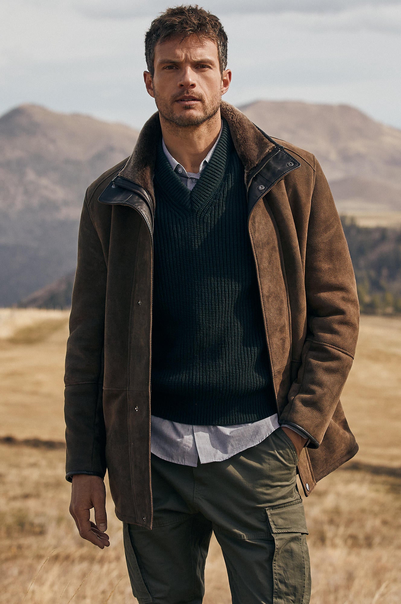 Men's Winter Double Collar Fur Leather Coats [Dark Brown]