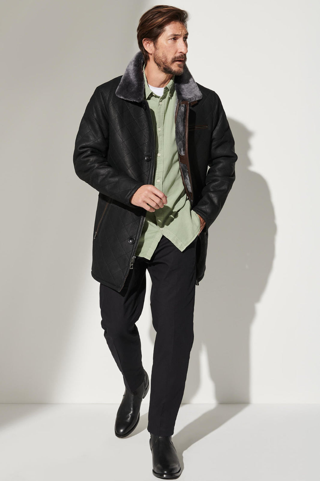 Men's Winter Sheepskin Fur Collar Leather Coats [Black]