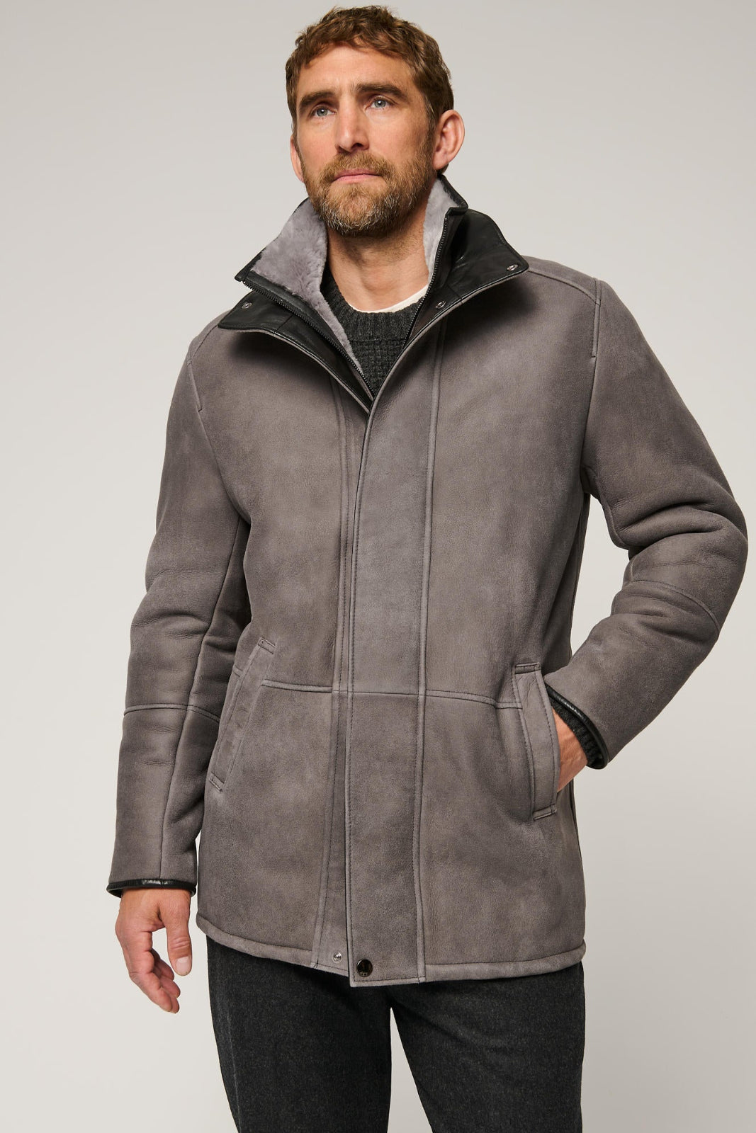 Men's Winter Double Collar Fur Leather Coats [Grey]