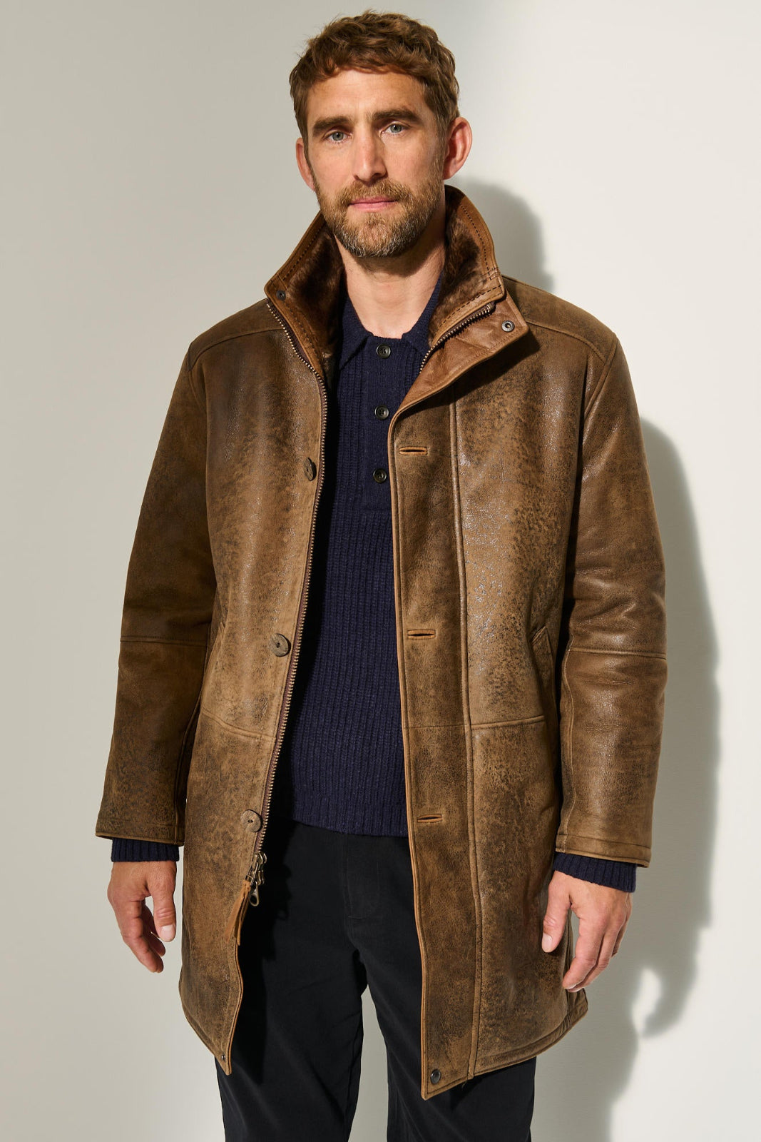 Men's Winter Double Collar Fur Leather Coats [Brown]