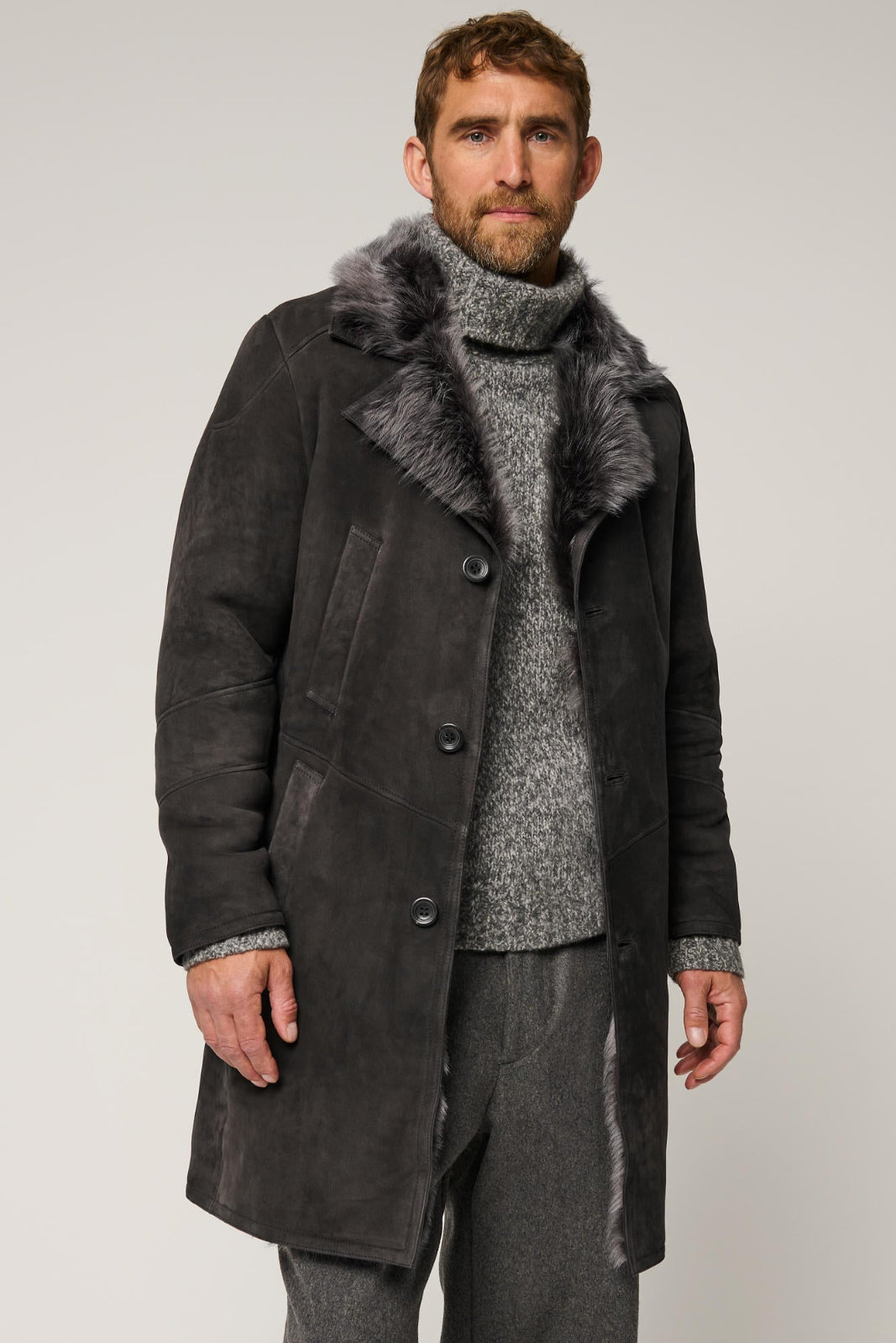 Men's Winter Fur Collar Leather Long Coats [Grey]