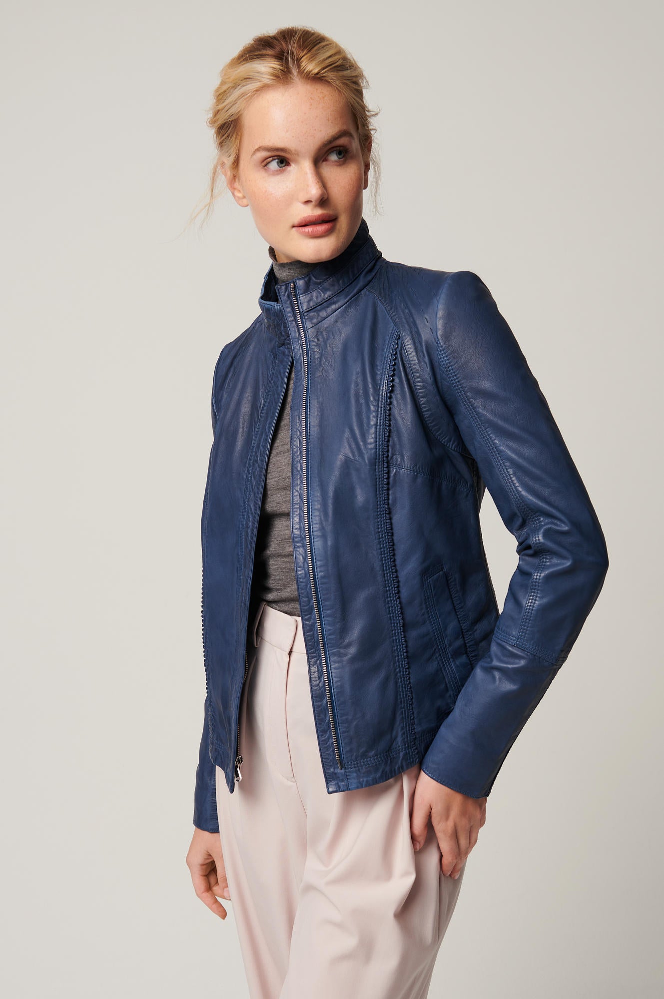 Women's Unique Leather Slim Fit Jacket [Navy]