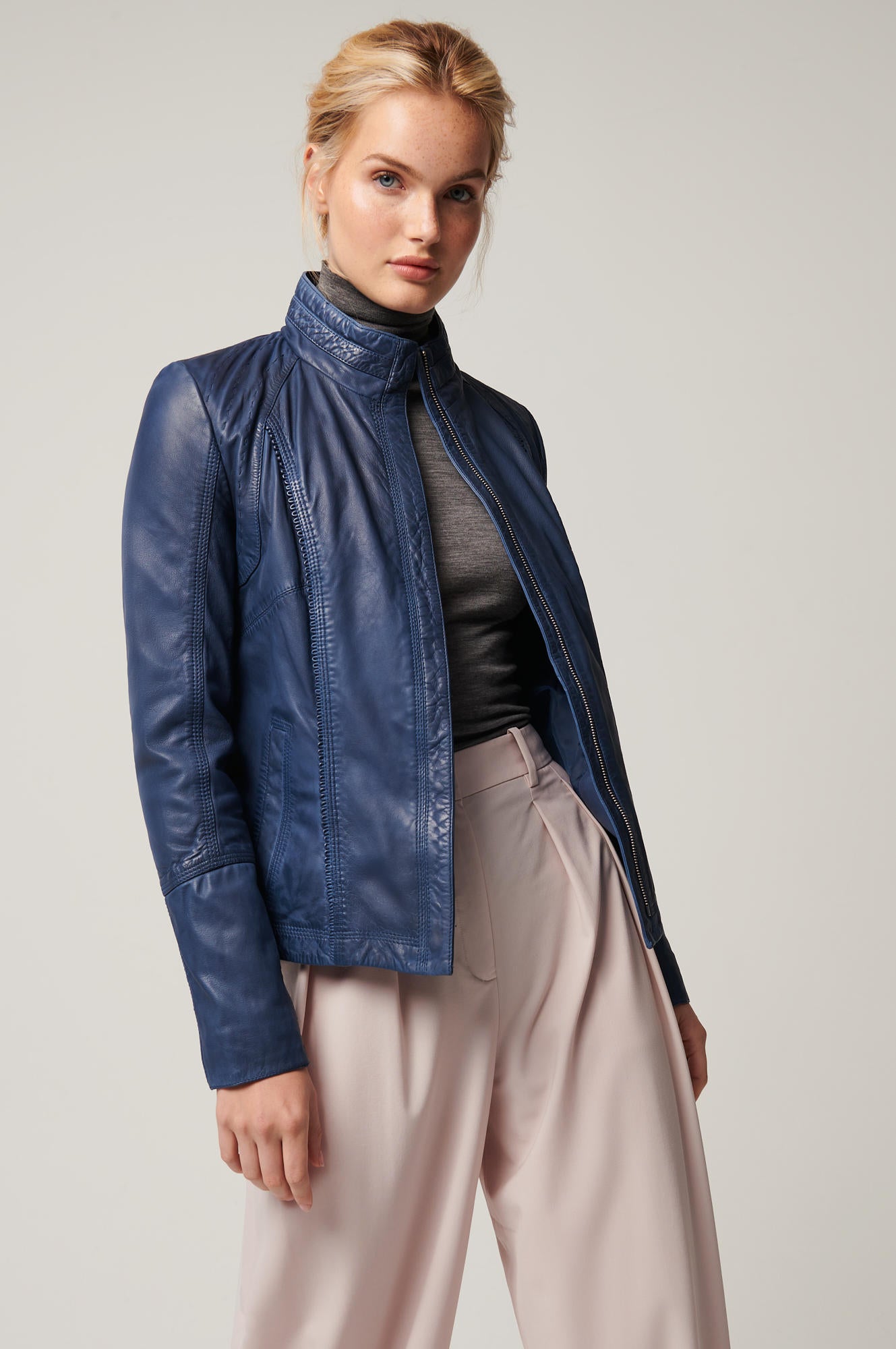 Women's Unique Leather Slim Fit Jacket [Navy]