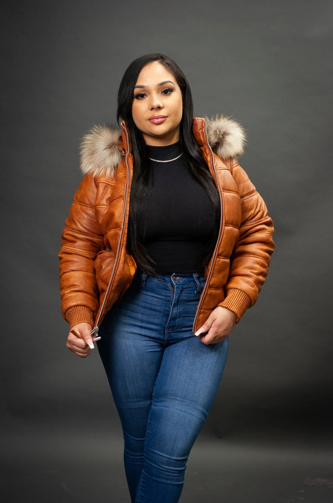 Women's Leather Snorkel Fur Hood Bomber Jacket [Caramel Crunch]