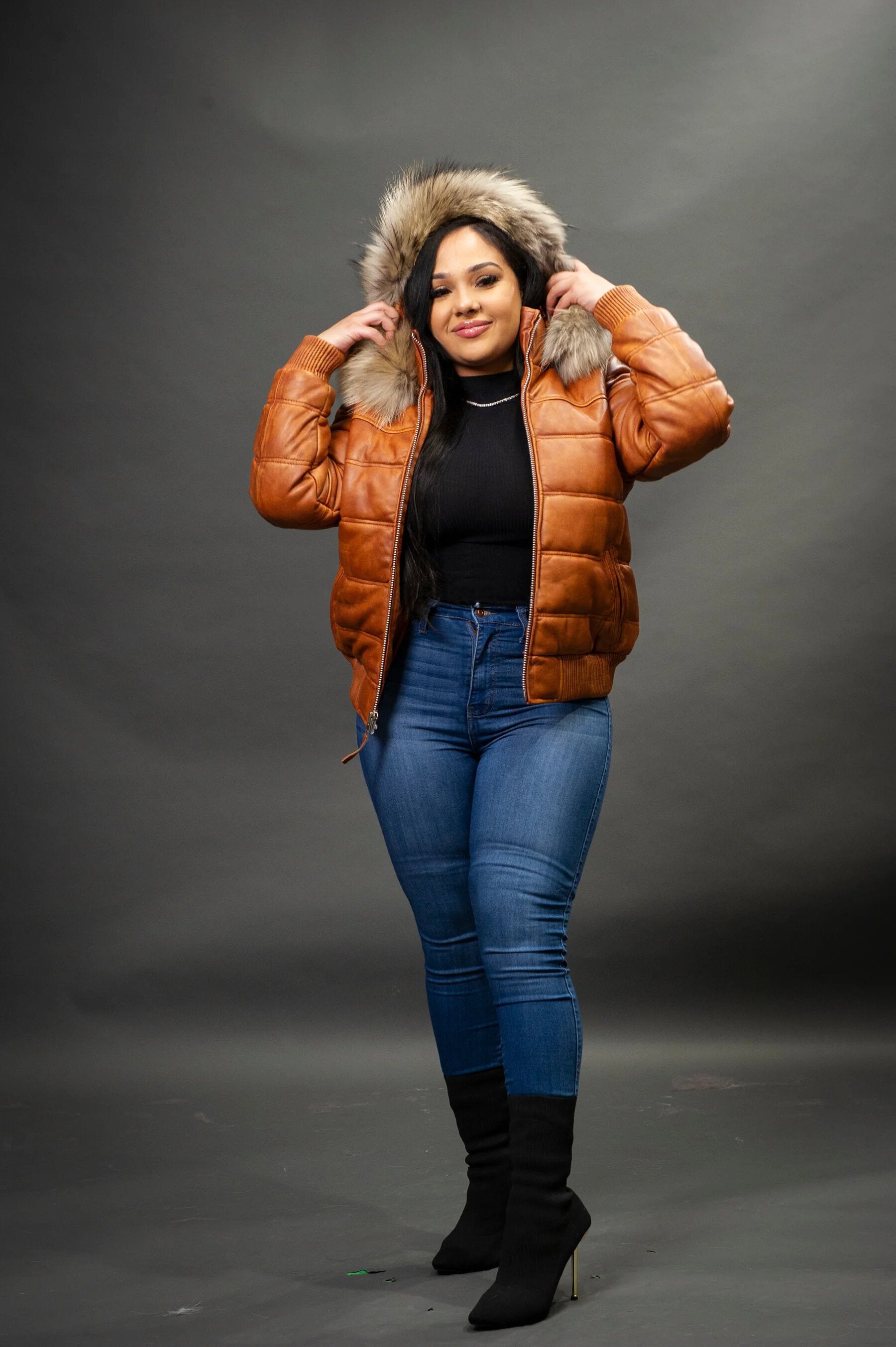 Women's Leather Snorkel Fur Hood Bomber Jacket [Caramel Crunch]