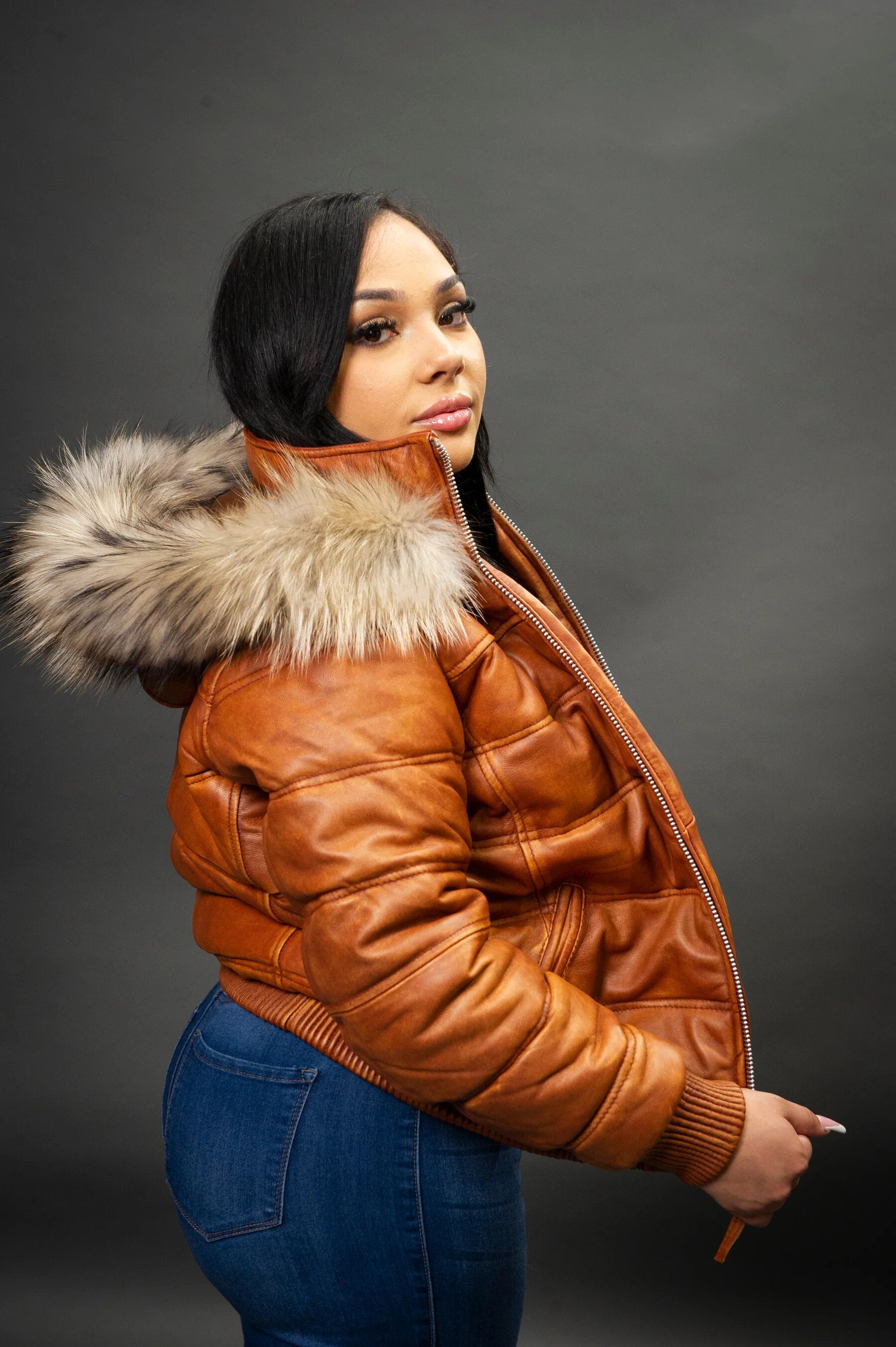 Women's Leather Snorkel Fur Hood Bomber Jacket [Caramel Crunch]