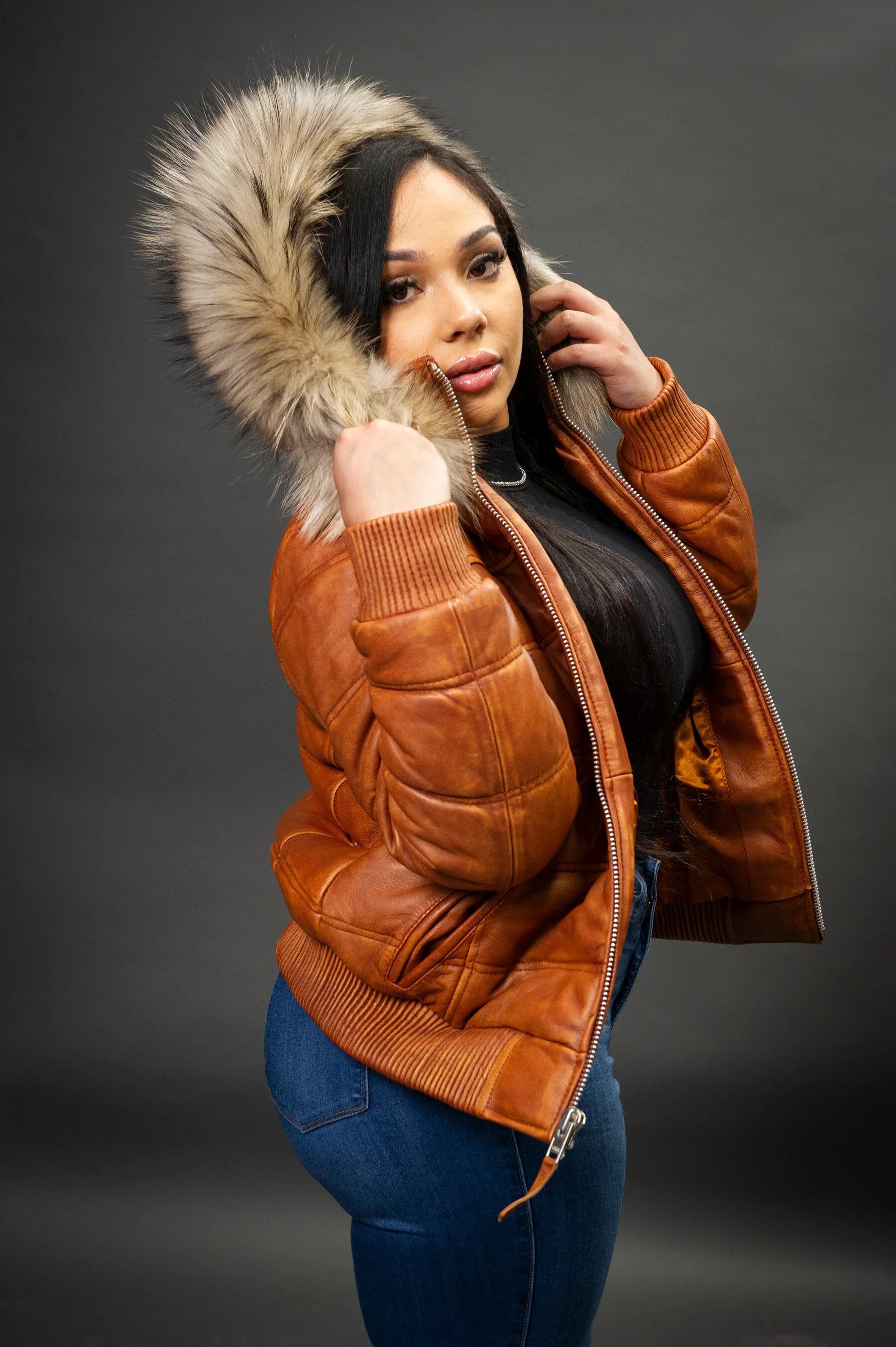 Women's Leather Snorkel Fur Hood Bomber Jacket [Caramel Crunch]