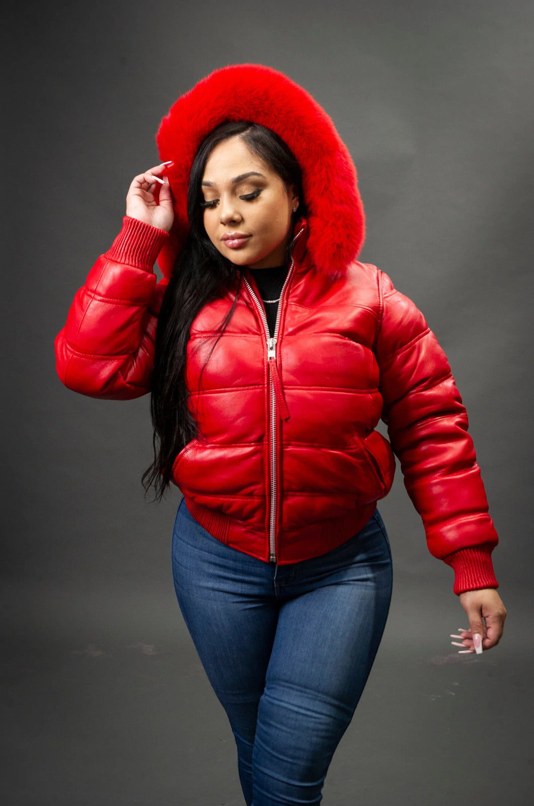 Women's Leather Snorkel Fur Hood Bomber Jacket [Red]
