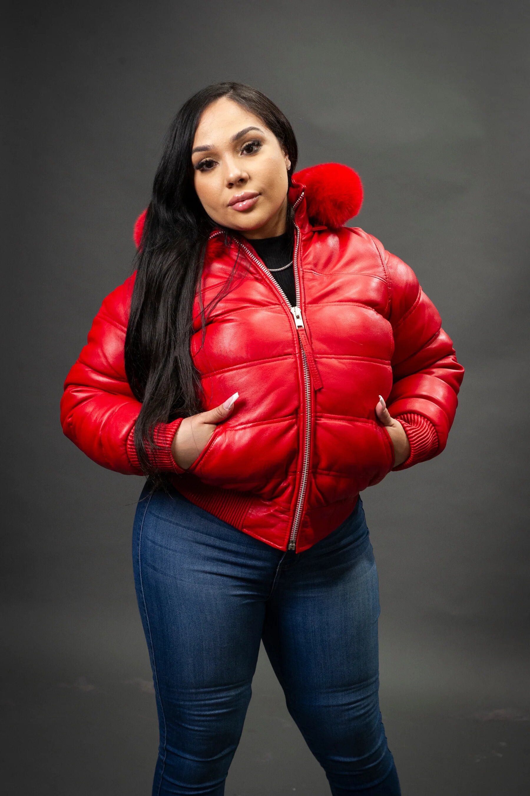 Women's Leather Snorkel Fur Hood Bomber Jacket [Red]