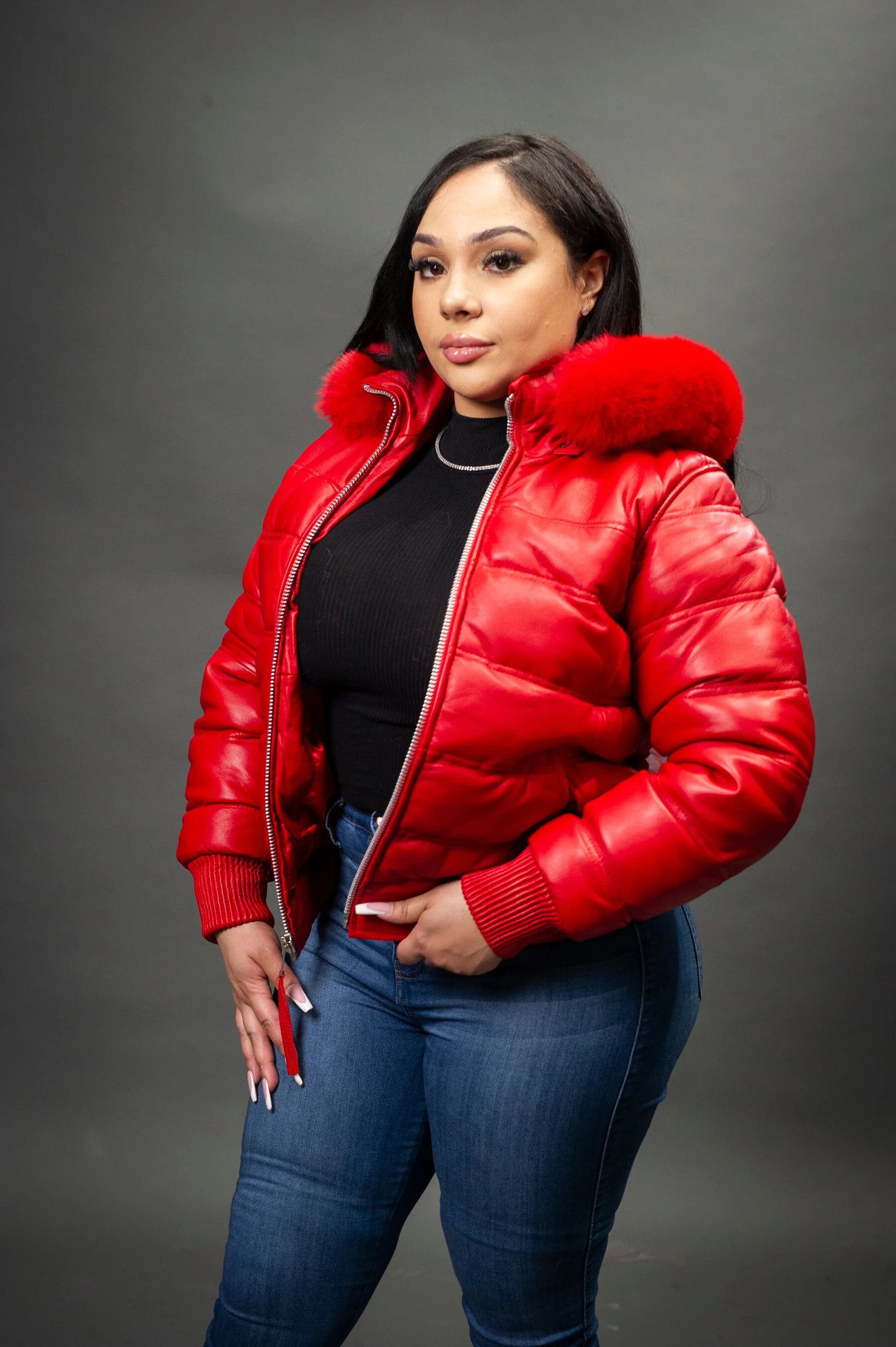 Women's Leather Snorkel Fur Hood Bomber Jacket [Red]