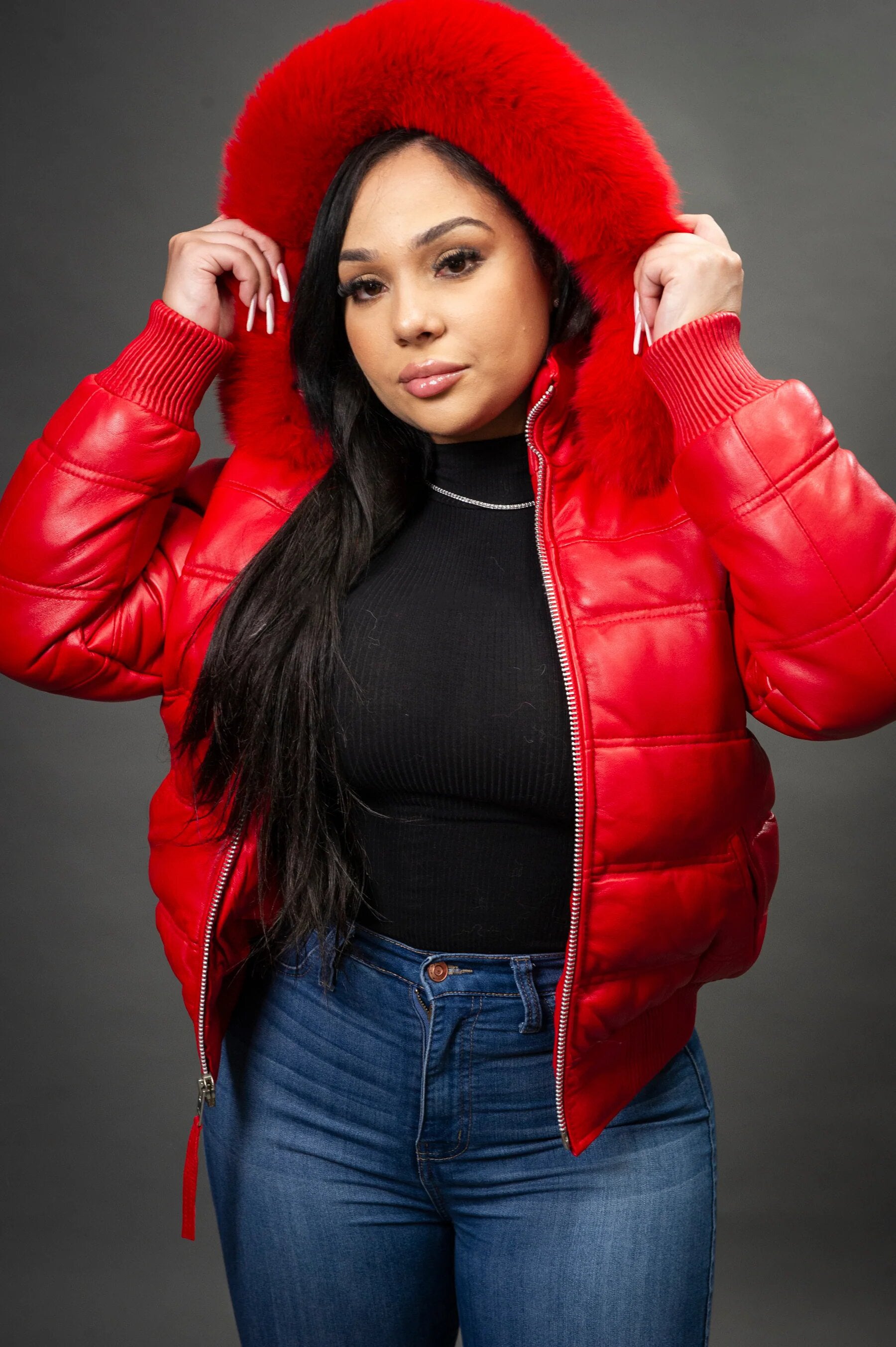 Women's Leather Snorkel Fur Hood Bomber Jacket [Red]