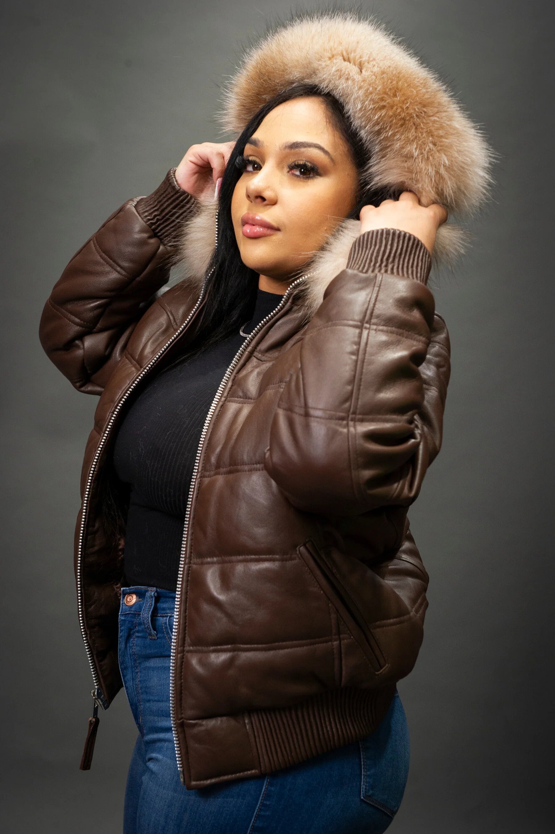 Women's Leather Snorkel Fur Hood Bomber Jacket [Dark Brown]
