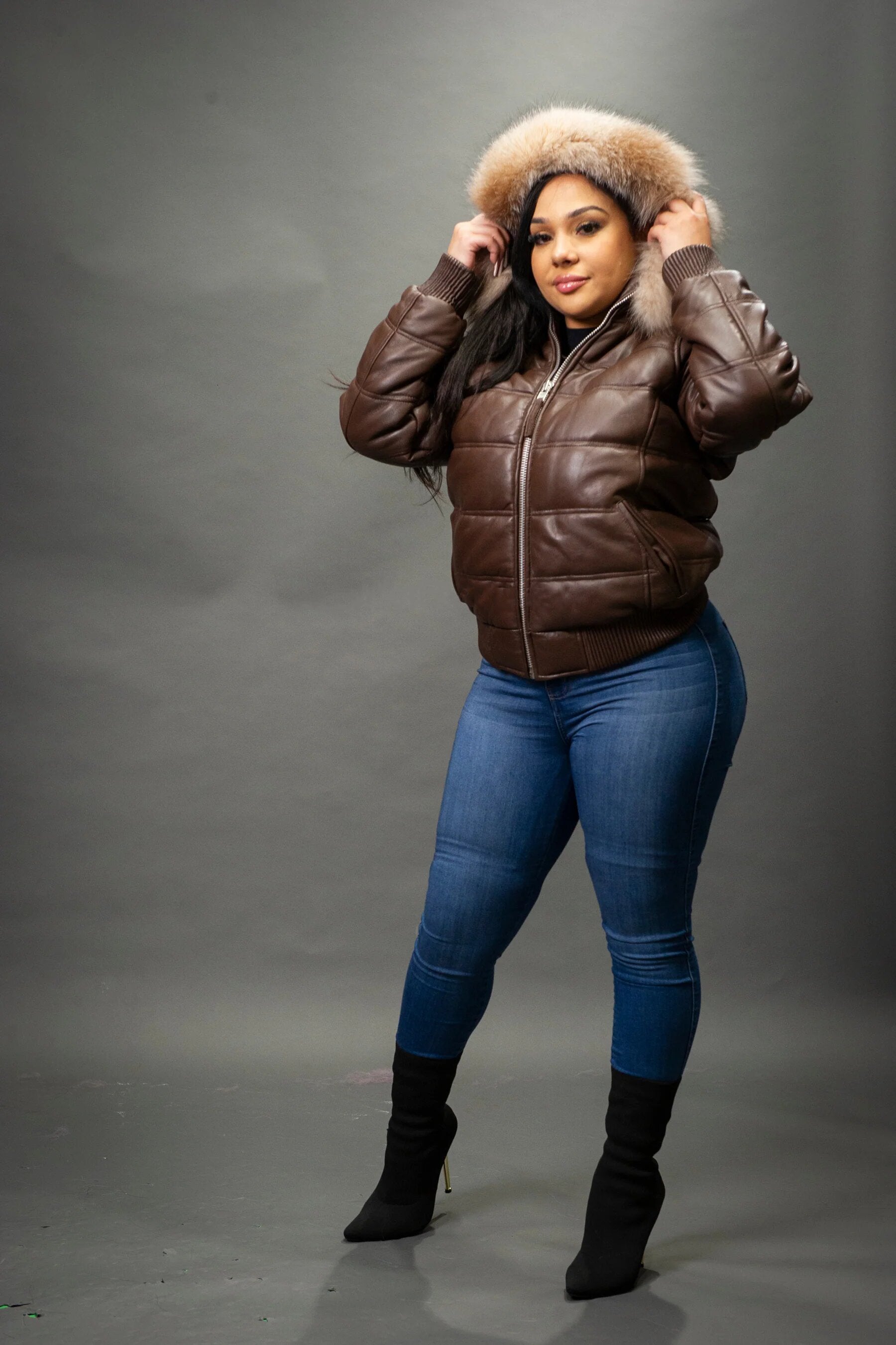 Women's Leather Snorkel Fur Hood Bomber Jacket [Dark Brown]