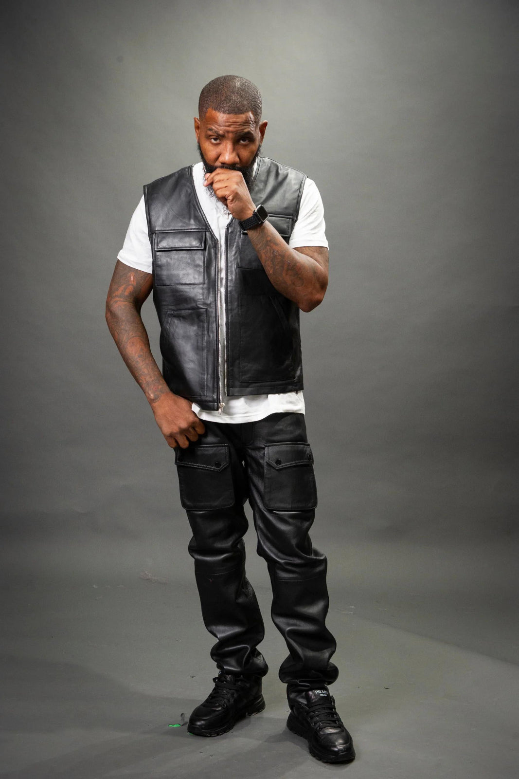 Men's Leather Tactical Vest With Leather Cargo Pants Black [Slim-Cut]