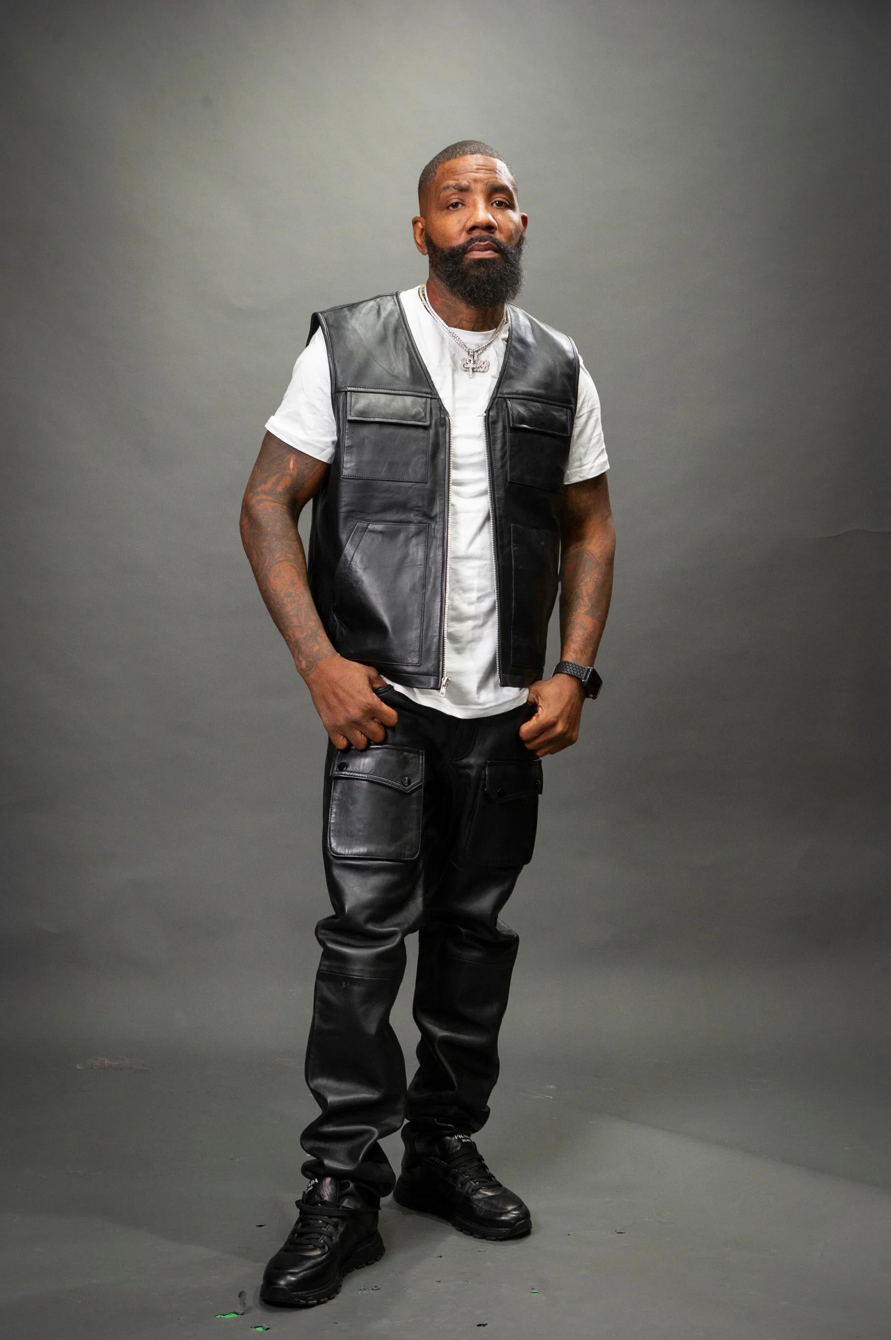 Men's Leather Tactical Vest With Leather Cargo Pants Black [Slim-Cut]