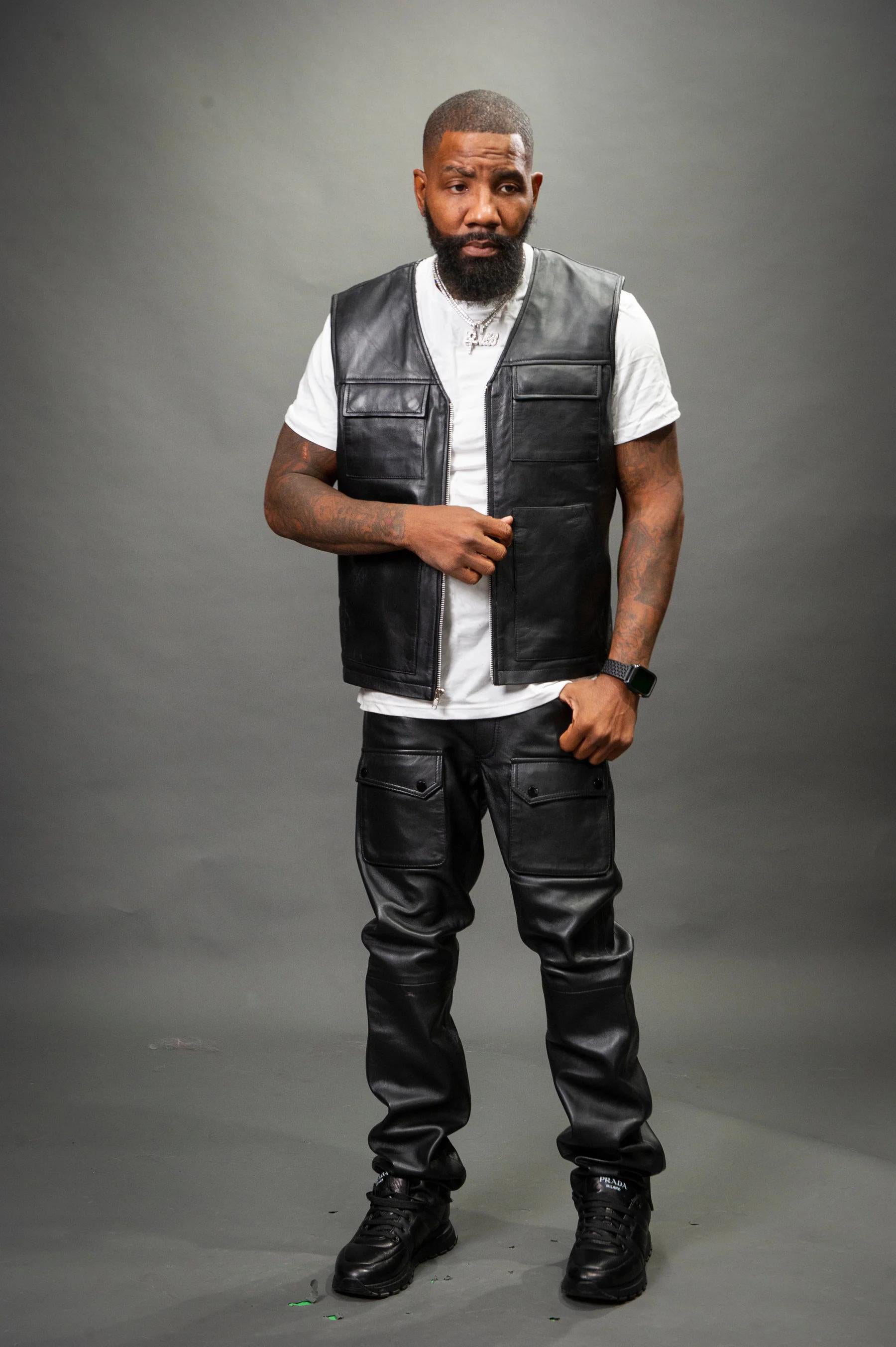 Men's Leather Tactical Vest With Leather Cargo Pants Black [Slim-Cut]