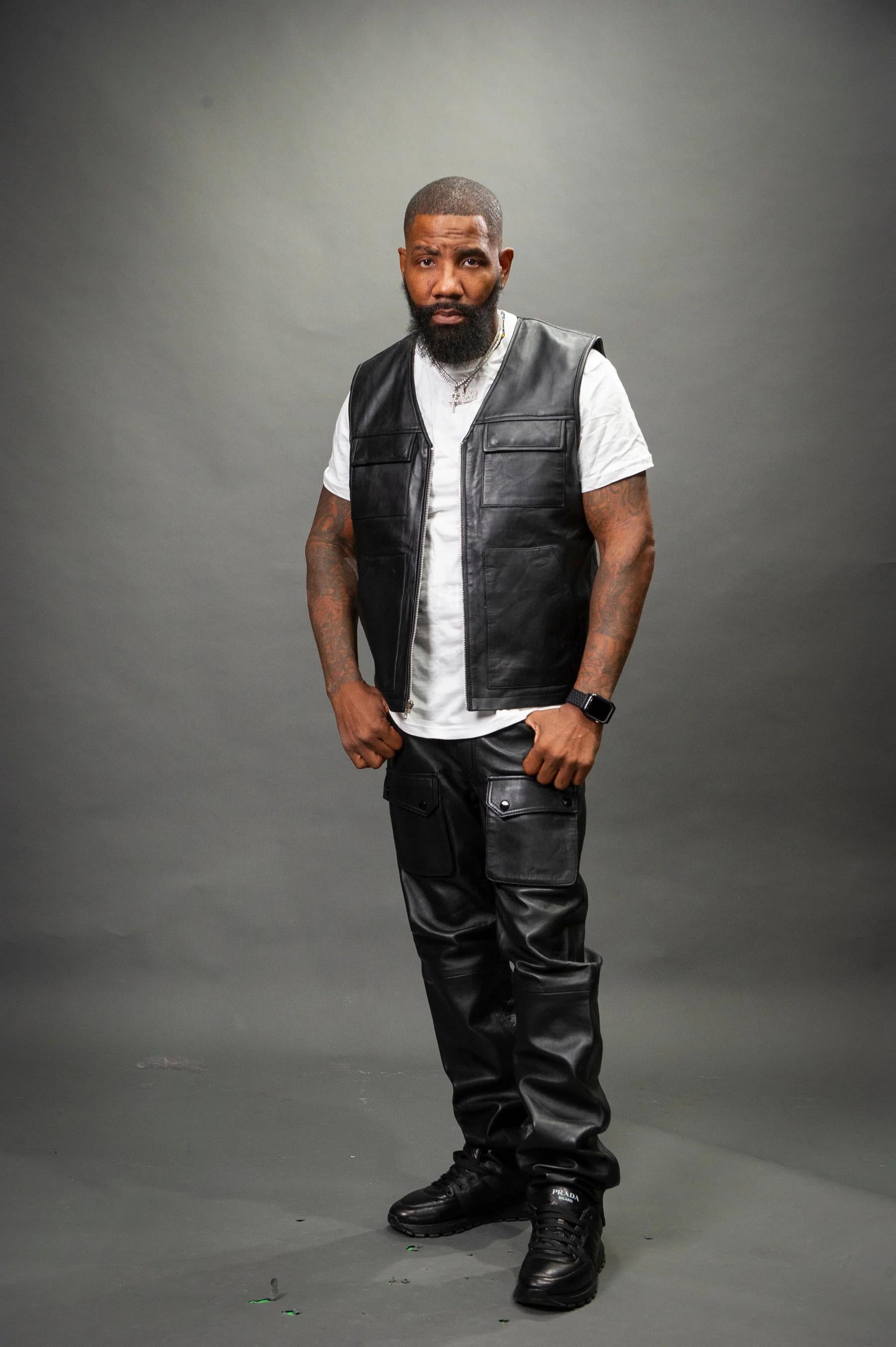 Men's Leather Tactical Vest With Leather Cargo Pants Black [Slim-Cut]