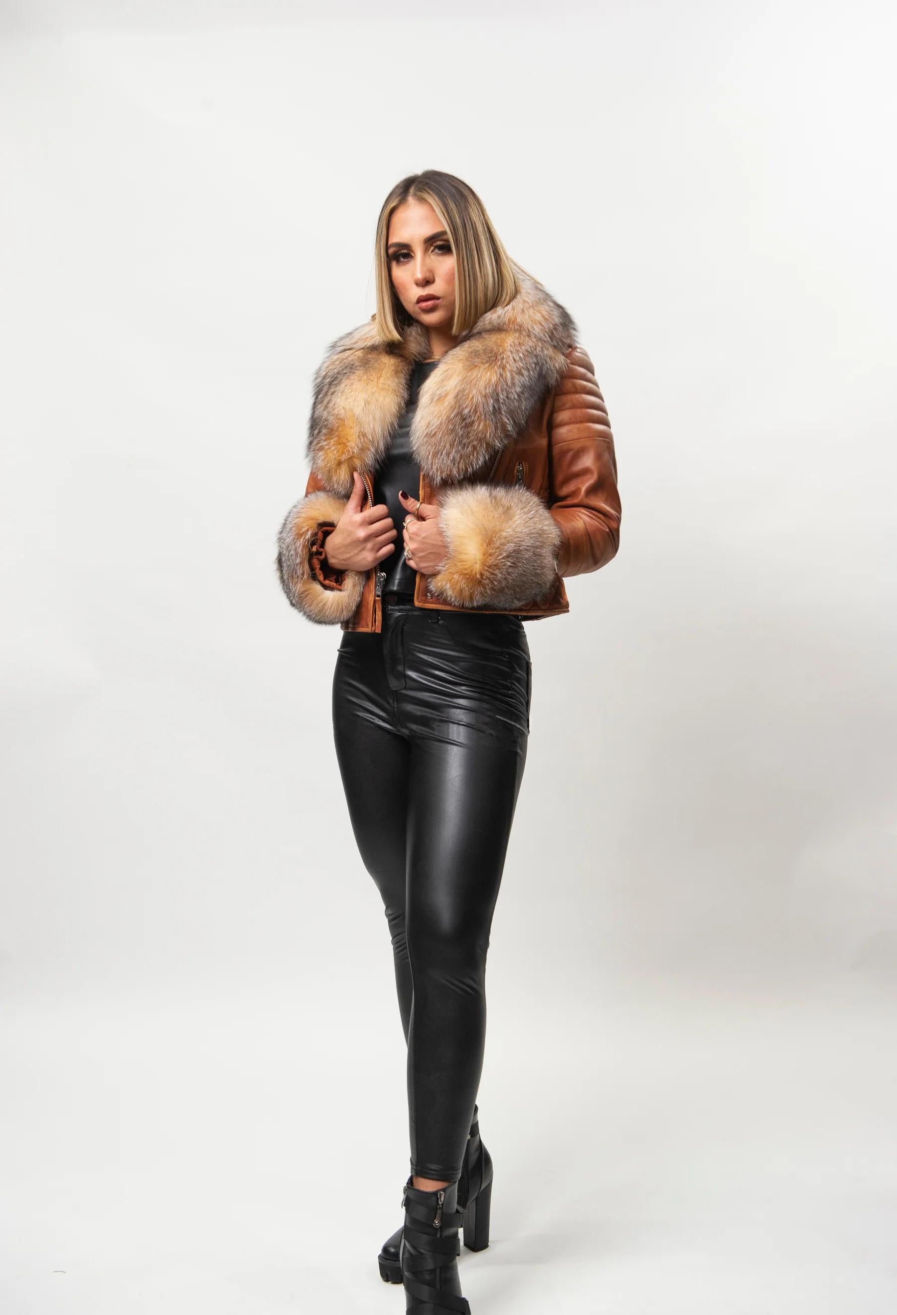 Women's Jay Biker Fur Leather Jacket [Caramel Crunch]