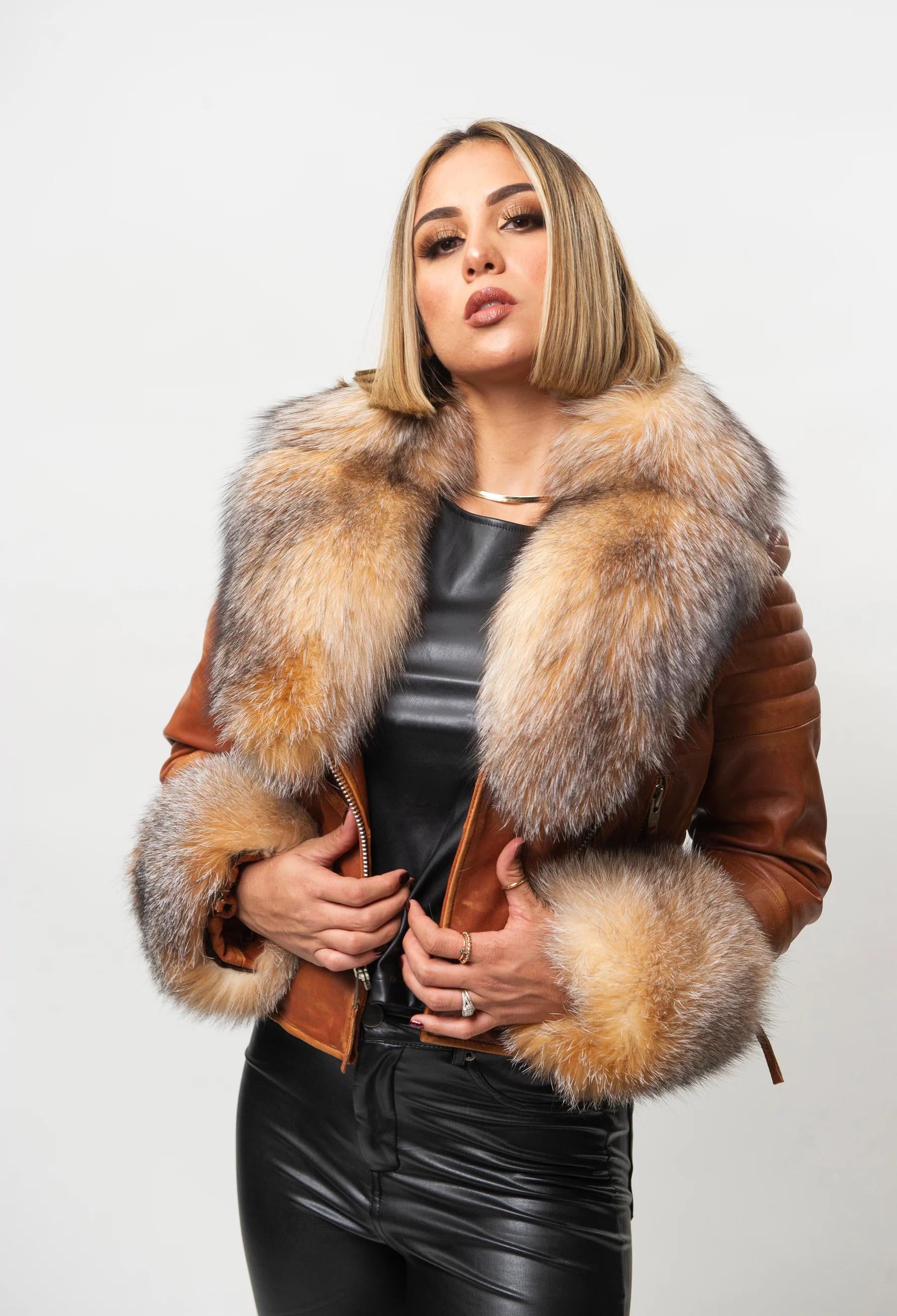 Women's Jay Biker Fur Leather Jacket [Caramel Crunch]