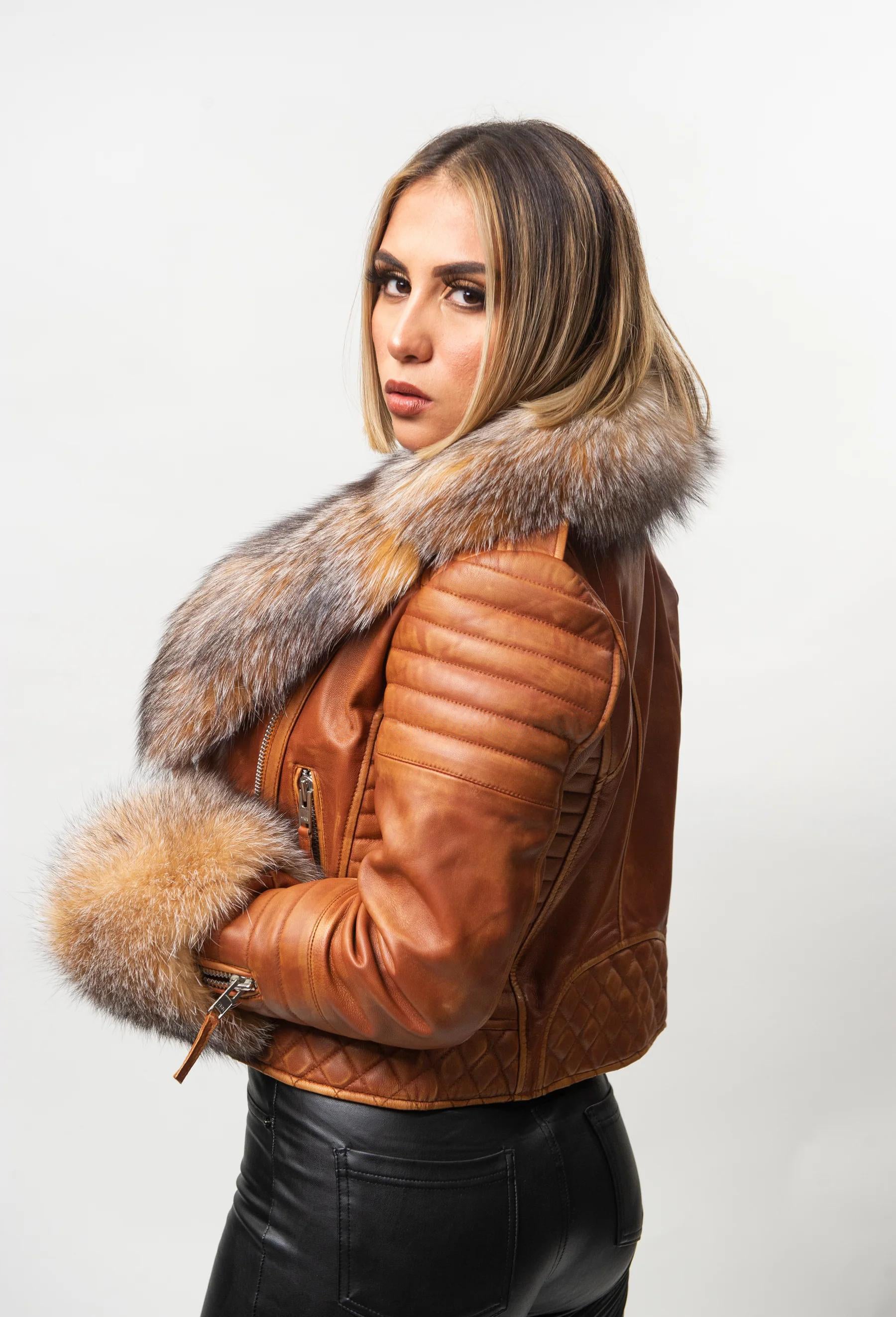 Women's Jay Biker Fur Leather Jacket [Caramel Crunch]