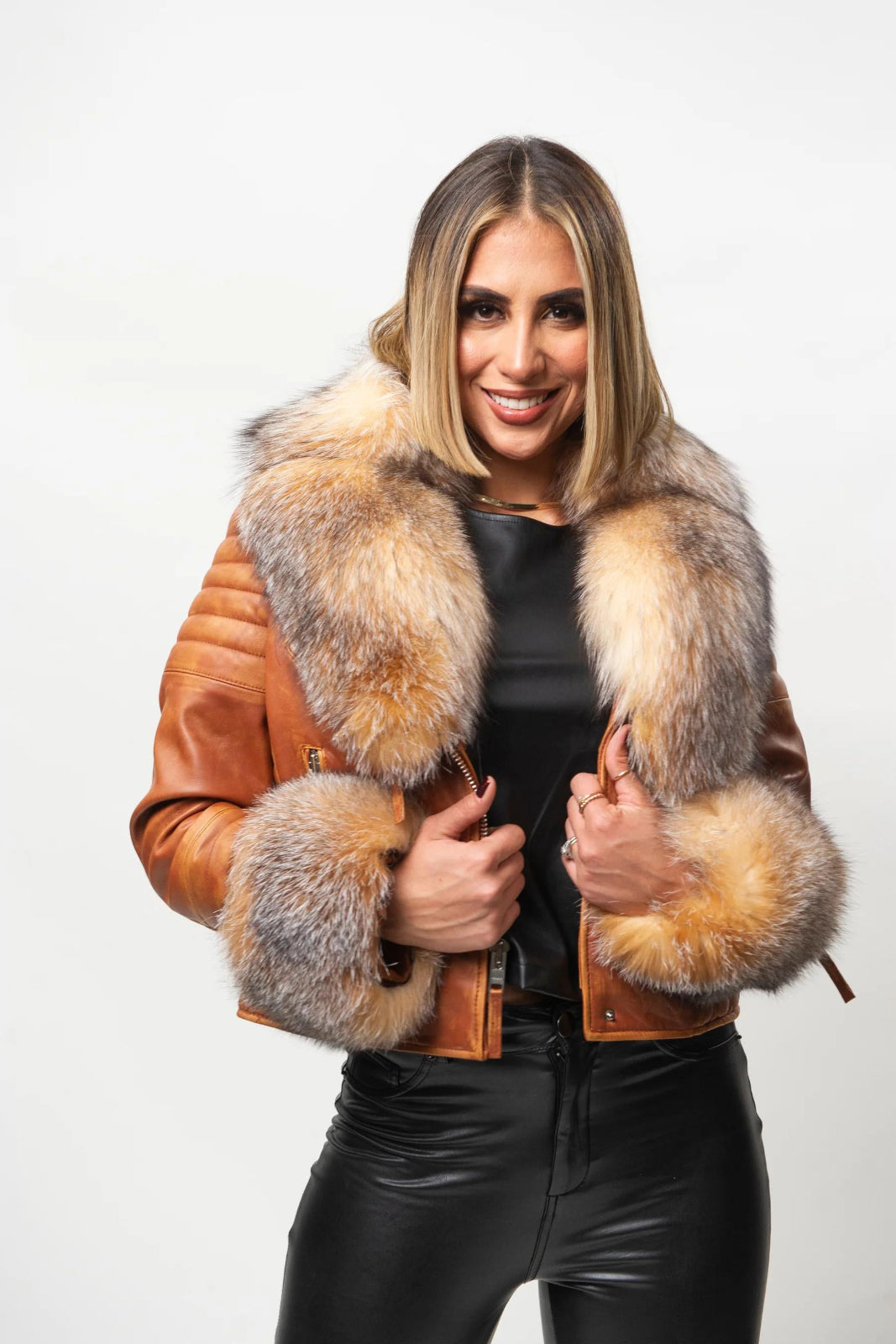 Women's Jay Biker Fur Leather Jacket [Caramel Crunch]