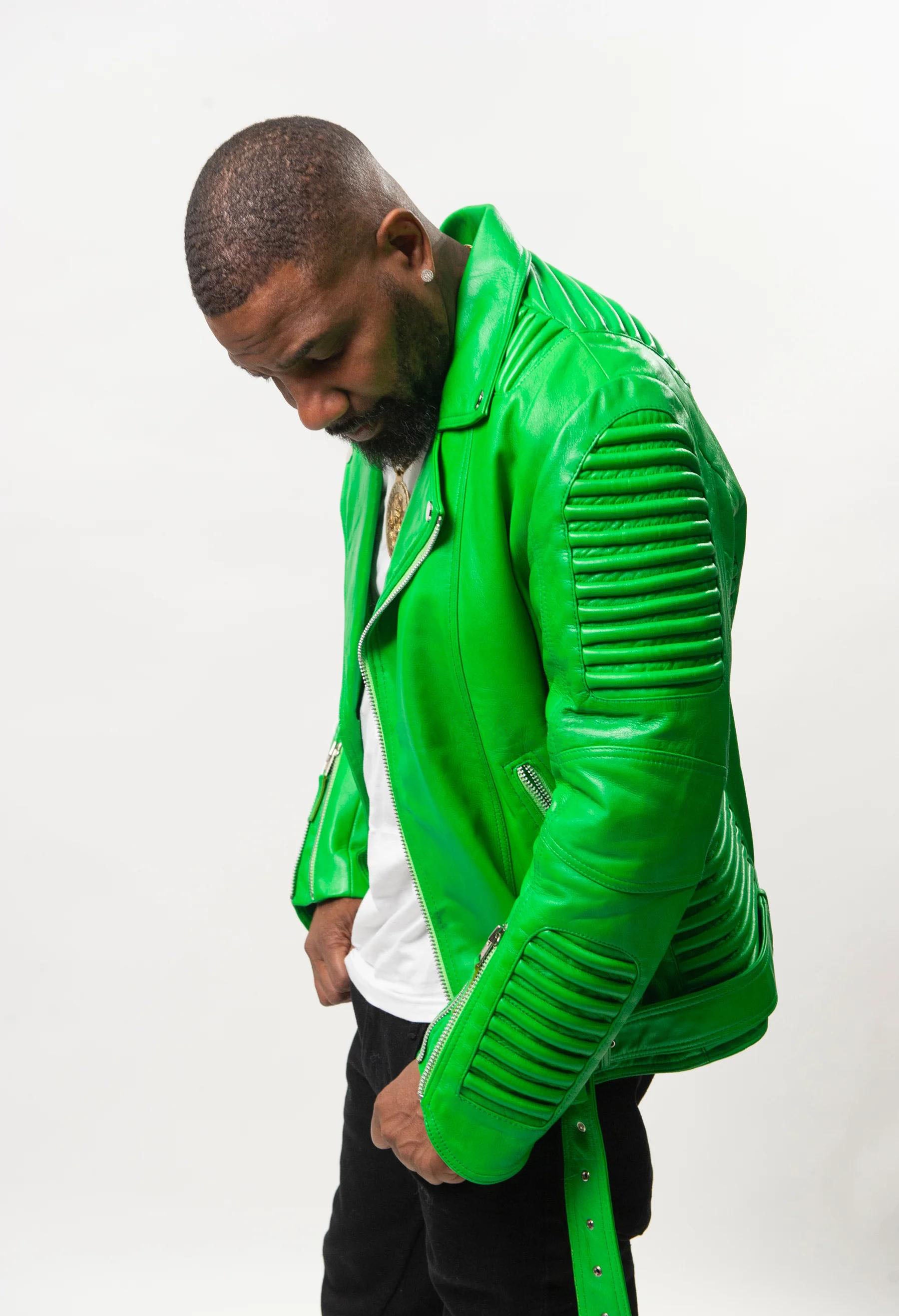 Men's Trey Biker Over-sized Leather Jacket [green]