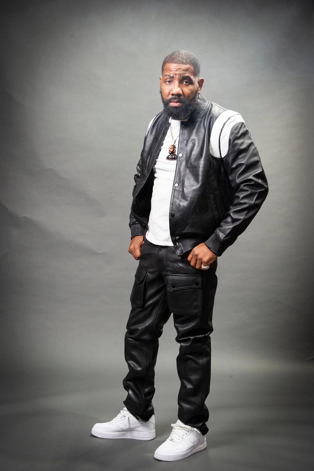 Men's Genuine Leather Track Suit And Cargo Pants [Black/White]