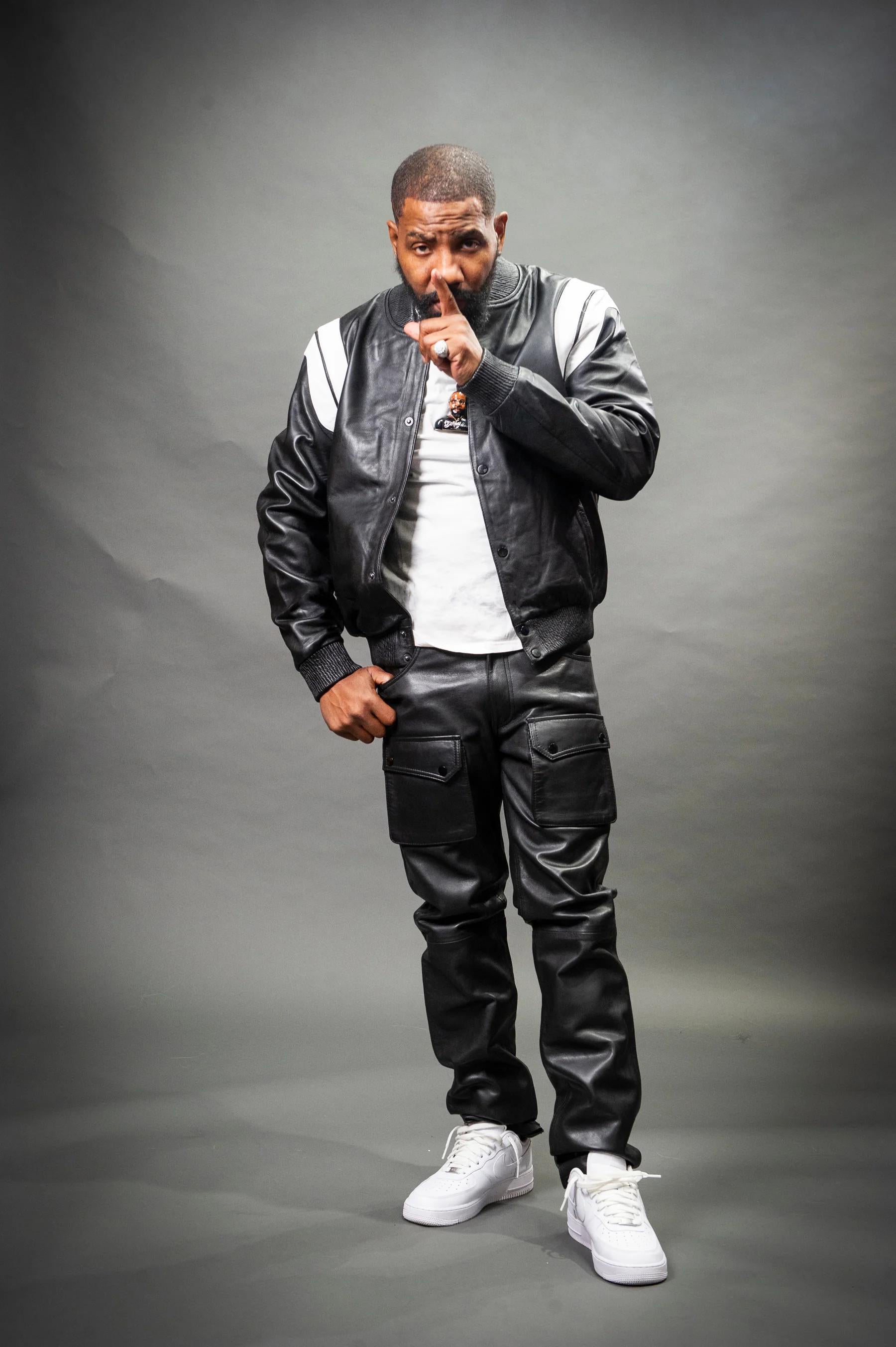 Men's Genuine Leather Track Suit And Cargo Pants [Black/White]