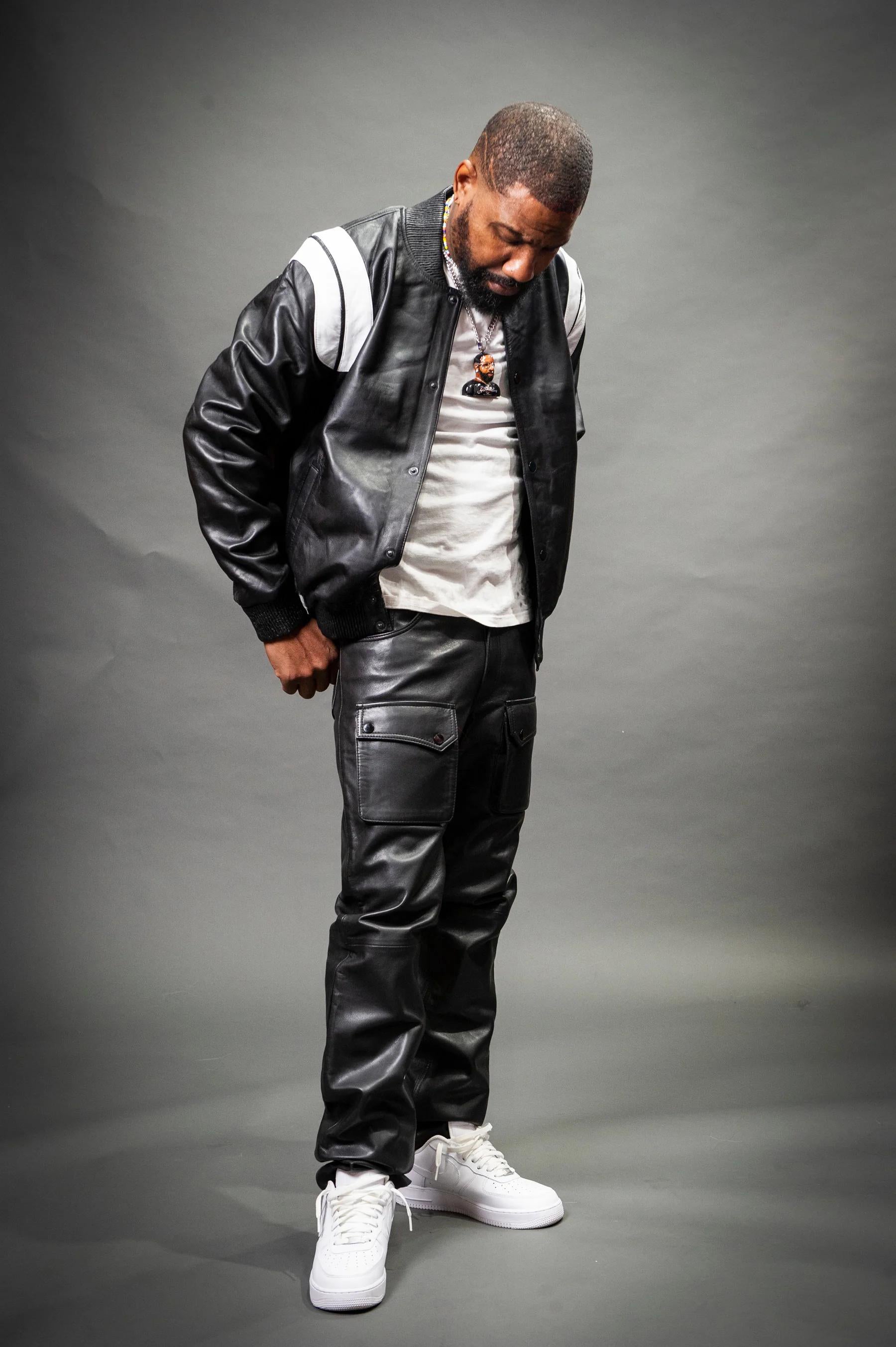 Men's Genuine Leather Track Suit And Cargo Pants [Black/White]